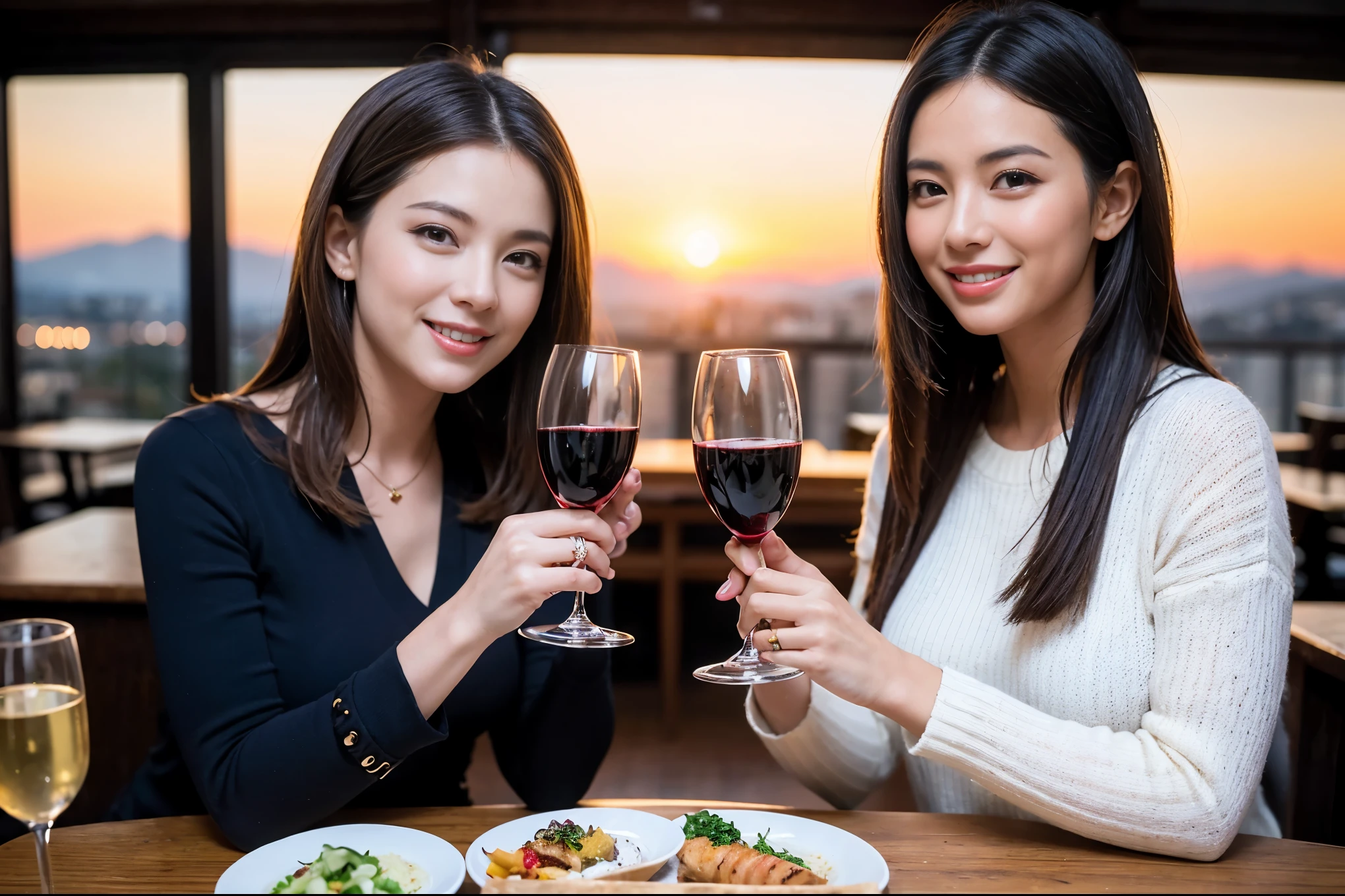 ((highest quality、8k、masterpiece:1.3))、1 male 1 female、Lovers、beautiful couple、Happy Smile、 (Slim face), (The body is スリム), (Brown Hair), (Shortcuts), ((Bob Hale、Straight hair:1.2)), テーブルの上のwine glass、Please put light on my face、 Amazing view of the sunset sky and clouds、Amazing mountain views、The wonderfulness of smiles、Bright image、Blushing, Shortcuts,Bright Face、 (Age 35), 39 years old, red wine 、Appetizers、Italian food、Wine bottle、Champagne、sparkling wine、Long sleeve shirt、dress、Attractive beauty、restaurant, Nova Frog Style, actress, model, Upper Body, White wine, red wine, wine glass,