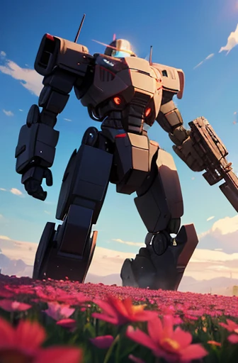 Robot,Monoeye,MECA,Combat weapons,Specialized machine,Custom,Standing in a flower field,Handgun in right hand,Shield in left hand,Robot anime,cool,Three-dimensional,{{masterpiece}},{{Super detailed}},{high quality},Beautiful views