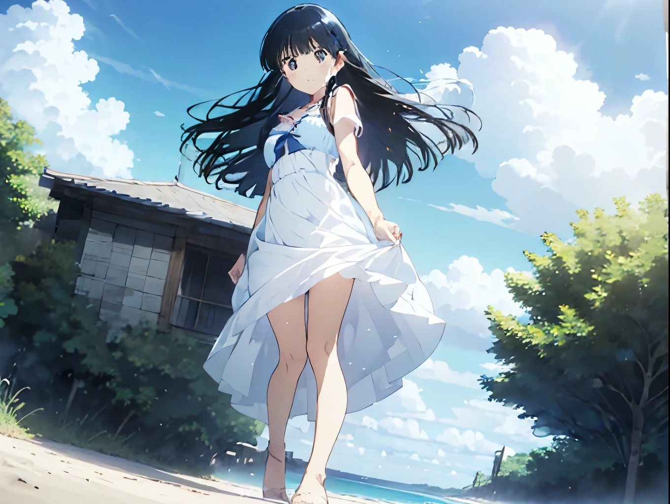 A cute blue bra that is visible through a long white dress shirt、She holds her skirt in her mouth and shows off her cute blue underwear、Bare feet and sandals、Standing posture、Sandy beach, sea, cumulonimbus clouds and blue sky