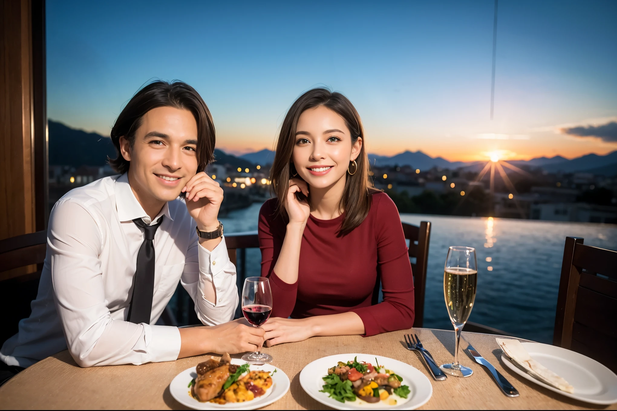 ((highest quality、8k、masterpiece:1.3))、1 male 1 female、Lovers、beautiful couple、Happy Smile、 (Slim face), (The body is スリム), (Brown Hair), (Shortcuts), ((Bob Hale、Straight hair:1.2)), テーブルの上のwine glass、Please put light on my face、 Amazing view of the sunset sky and clouds、Amazing mountain views、The wonderfulness of smiles、Bright image、Blushing, Shortcuts,Bright Face、 (42 years old), 39 years old, red wine 、Appetizers、Italian food、Wine bottle、Champagne、sparkling wine、Long sleeve shirt、dress、Attractive beauty、restaurant, Nova Frog Style, actress, model, Upper Body, White wine, red wine, wine glass,
