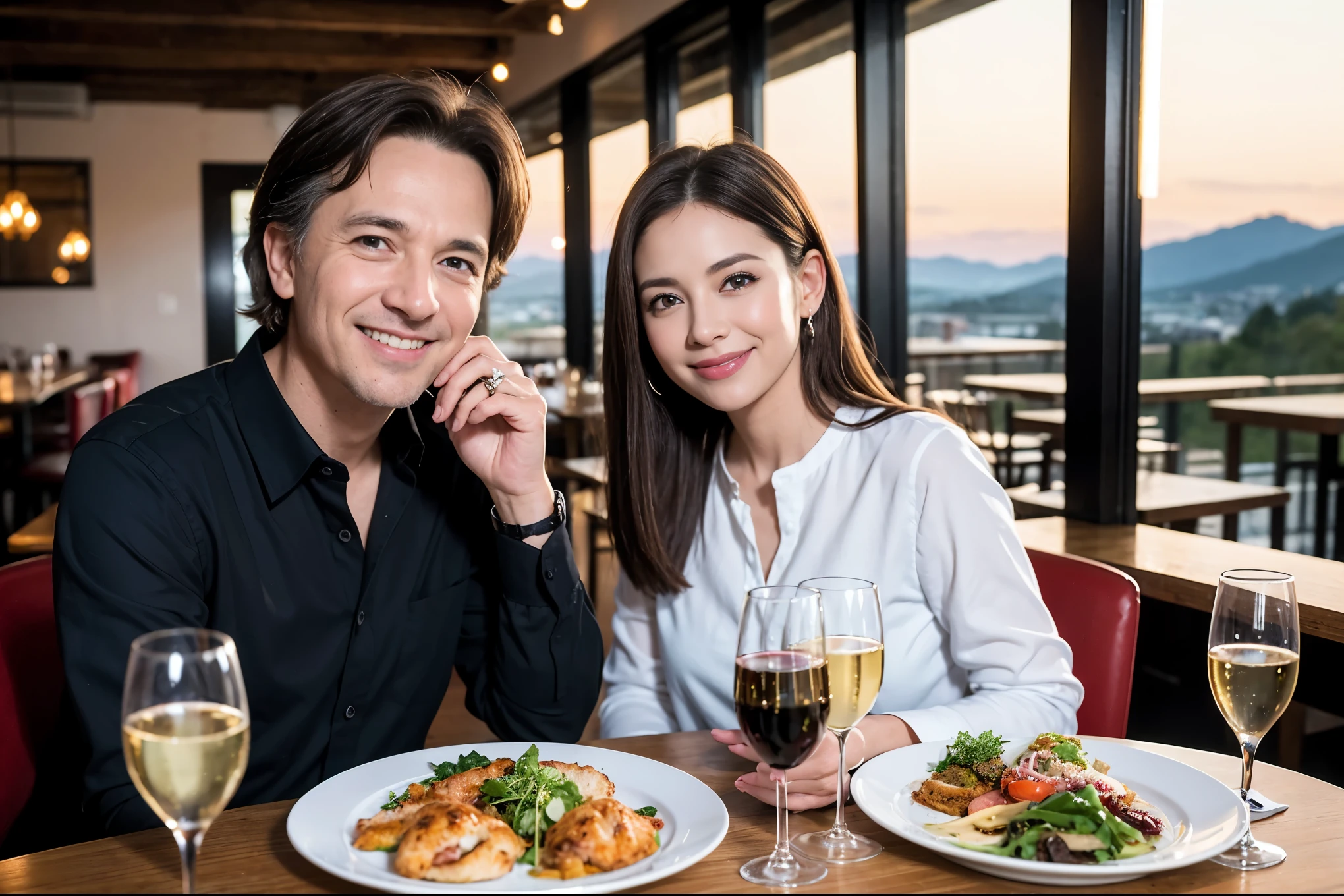 ((Highest quality、、masterpiece:1.3))、1 male、1 female、Satomi Ishihara、Beautiful couple、smile、full-course dinner、 (Slim face), (the body is スリム), (Brown Hair), (Shortcuts), ((Bob Hale、Straight hair:1.2)), テーブルの上のwine glass、Shine light on your face、 Amazing view of the sunset sky and clouds、smileの美しさ、Bright image、Blushing, Shortcuts, (43 years old), 39 years old, Appetizers、Italian food、Wine bottle、Champagne、sparkling wine、Long sleeve shirt、dress、Attractive beauty、restaurant, Nova Frog Style, actress, model, Upper Body, White wine, red wine, wine glass, 