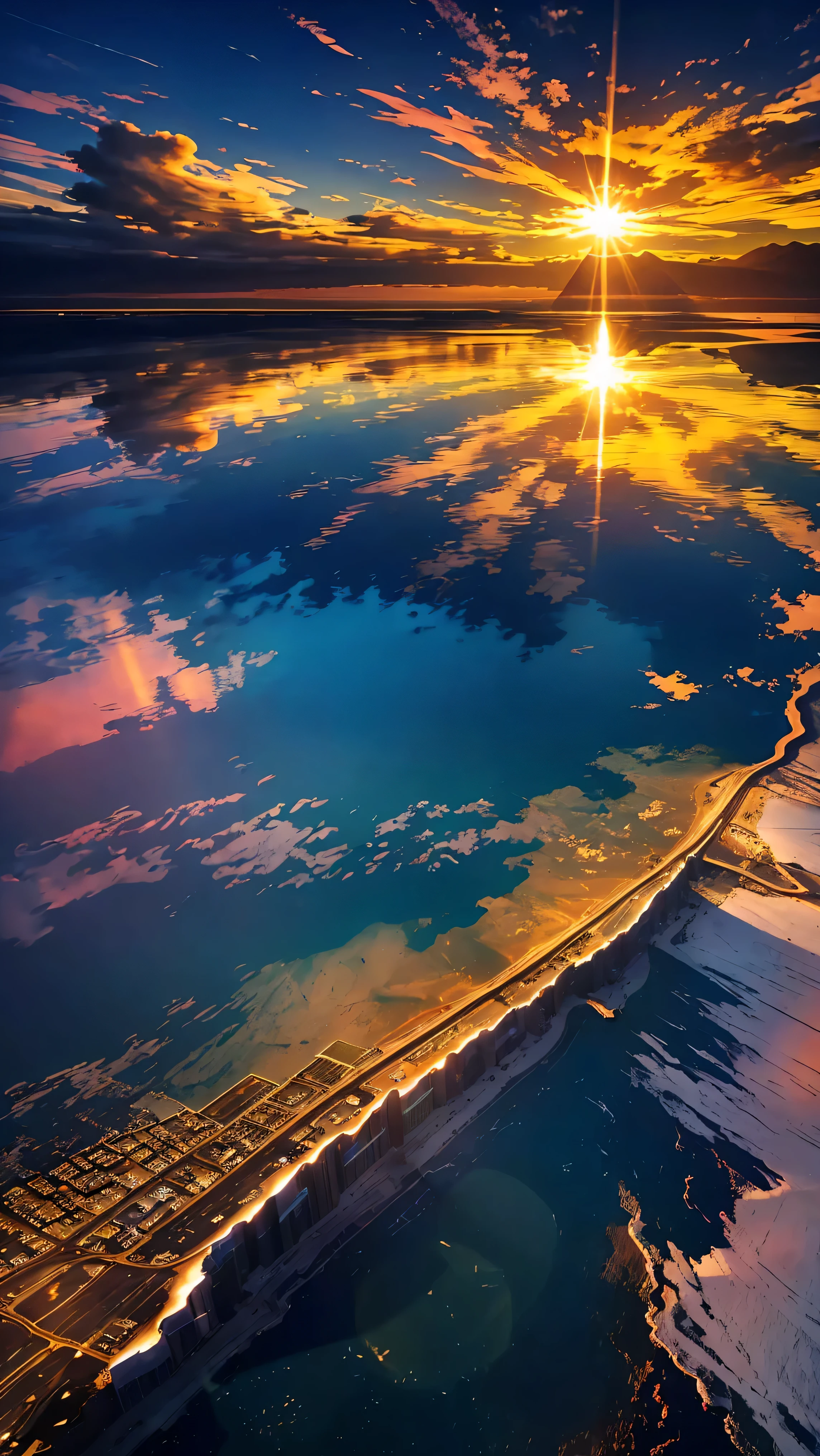 (Ultra-realistic:1.2), High resolution, (Bright colors, High resolution:1.1), (Sharp focus:1.1), (Physically Based Rendering:1.1), Tyndall effect, Colorful lights, (((Light shines through the gaps in the clouds))), Beautiful perspective, Contrasting Shadows, moving composition, Realistic landscape, unique configuration, Soft texture, Intricate details, Mysterious atmosphere, An artistic exploration of light and shadow,Golden dazzling light、Sunlight reflecting off the salt lake、A world view that will captivate all who see it、