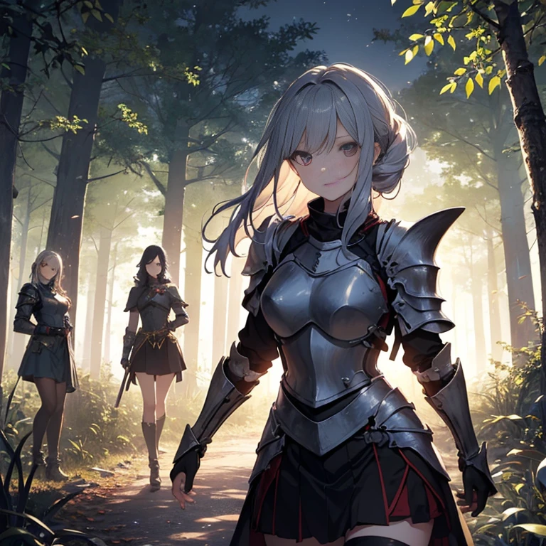 A group of female knight, (in forest), various hair styles, harem, wearing armored clothes, metal armor, night, details face, , short skirt, seducing, sword