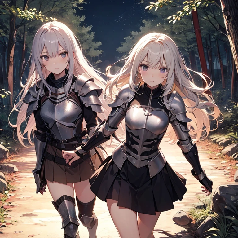 A group of female knight, (in forest), various hair styles, harem, wearing armored clothes, metal armor, night, details face, , short skirt, seducing, sword