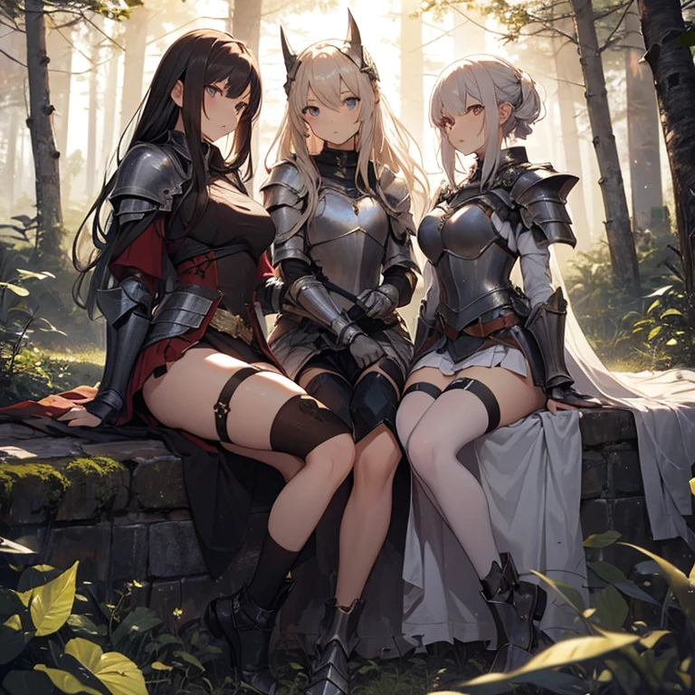 A group of female knight, (in forest), various hair styles, harem, wearing armored clothes, metal armor, night, details face, , short skirt, seducing, sword