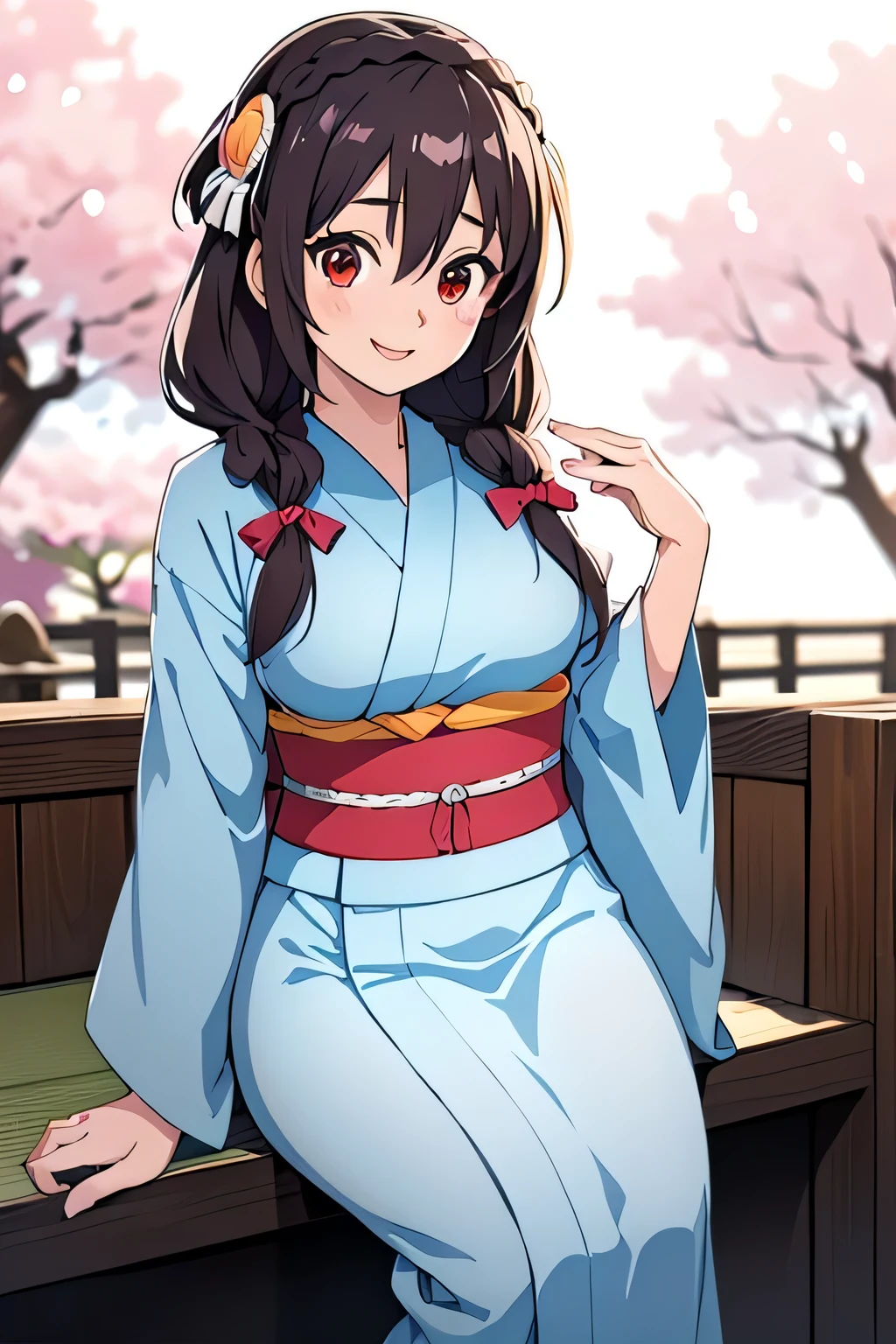 (masterpiece, highest quality), One girl,    Yunyun,Long Hair,Braiding,Twin tails,Hair between the eyes,Hair Ribbon,hair ornaments,Big Breasts,(Japanese light blue kimono:1.2),Red Eyes、The best smile、Background is cherry blossoms