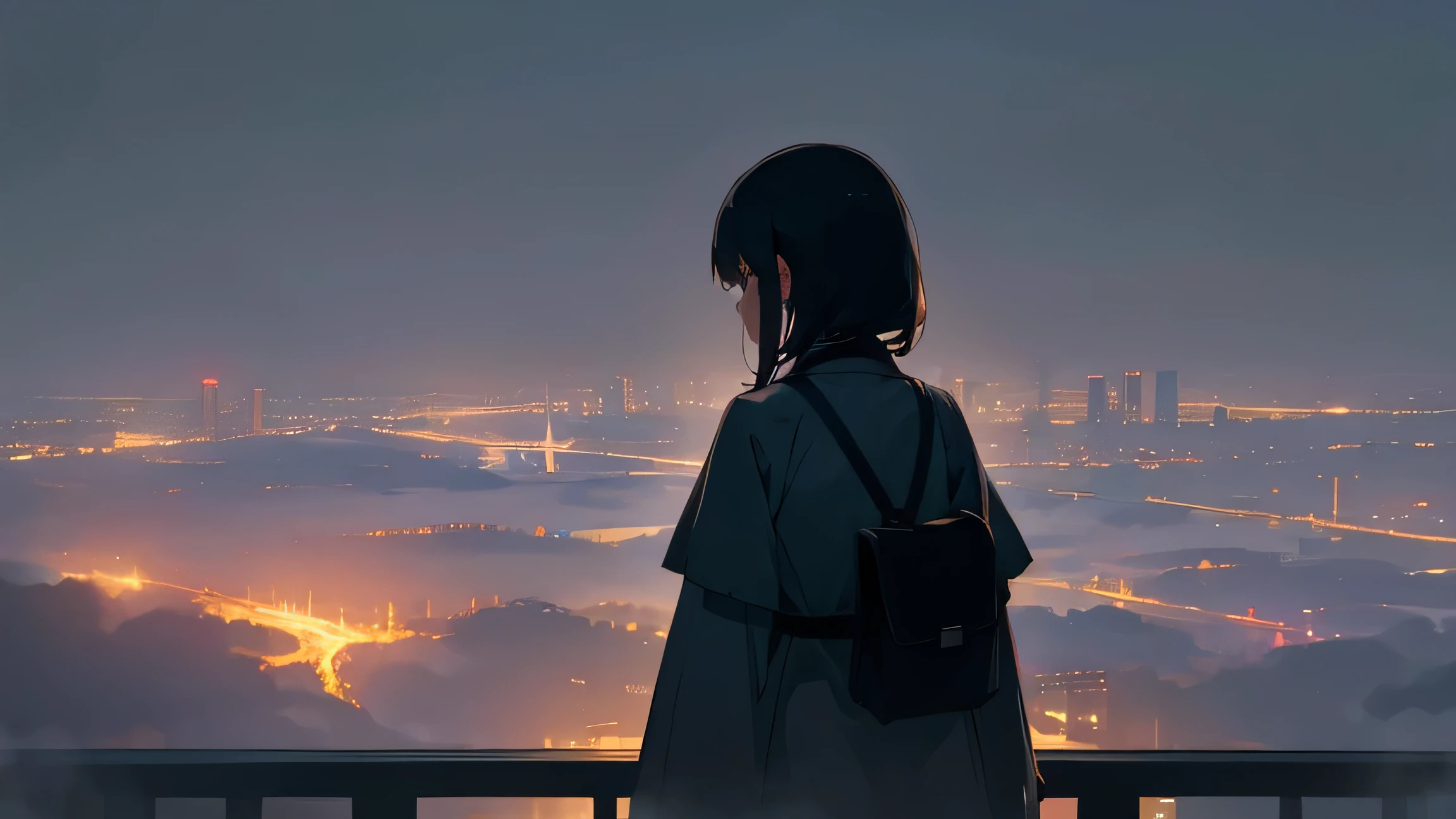The back view of a girl looking out at a city shrouded in midnight fog。The city lights dimly emerge、Creates a fantastic atmosphere