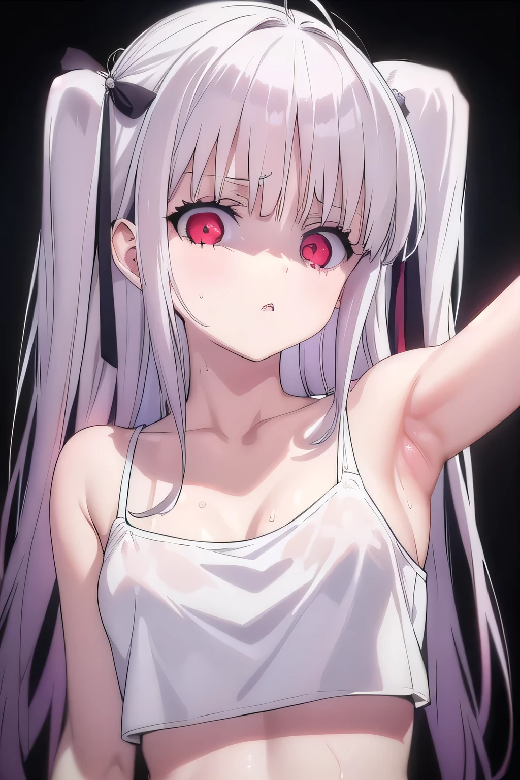 masterpiece, best quality, ultra-high-detailed, Disgusted face, white hair, red eyes, sigtuna julie , small breast, looking to viewer, deep eyes, glare eyes, black crop top, camisole, bare shoulder, focus to face, black background, upper body , cleavage, sweated a lot, right arm up, one arm behind head, armpit crease, sweated all body, sweaty croptop,
