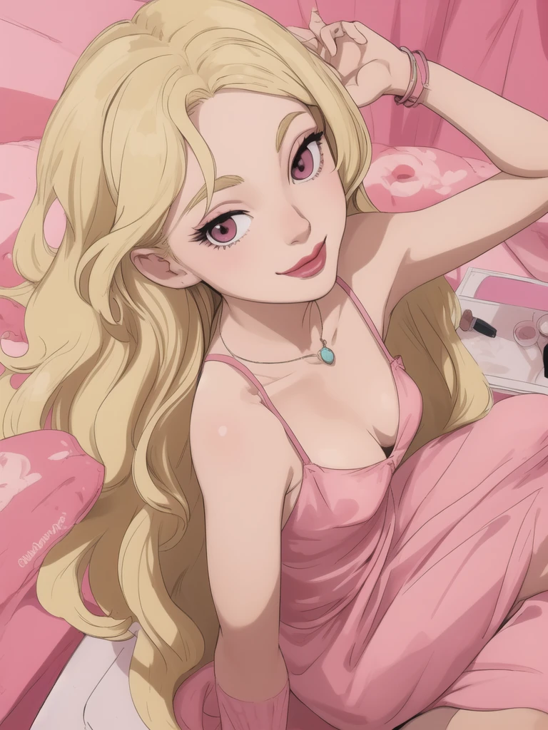 francine, 1girl, blonde hair, toon (style), long hair, breasts, solo, makeup, jewelry, necklace, flat color, lipstick , pink dress,looking at viewer, light smile,