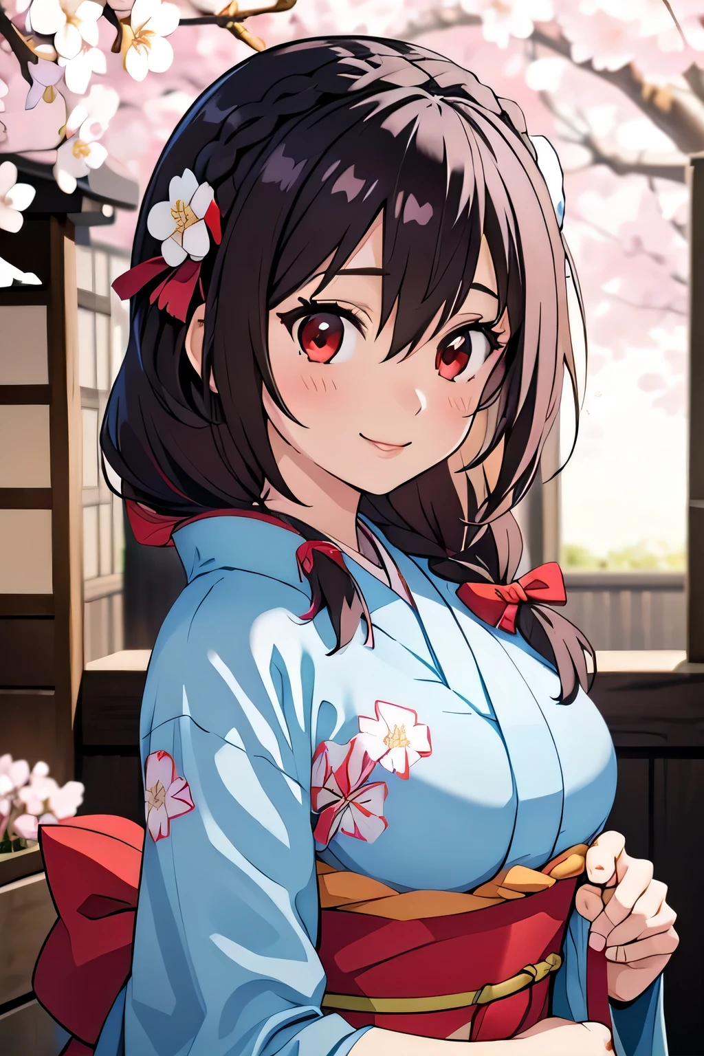 (masterpiece, highest quality), One girl,    Yunyun,Long Hair,Braiding,Twin tails,Hair between the eyes,Hair Ribbon,hair ornaments,Big Breasts,(Japanese light blue kimono:1.2),Red Eyes、The best smile、Background is cherry blossoms