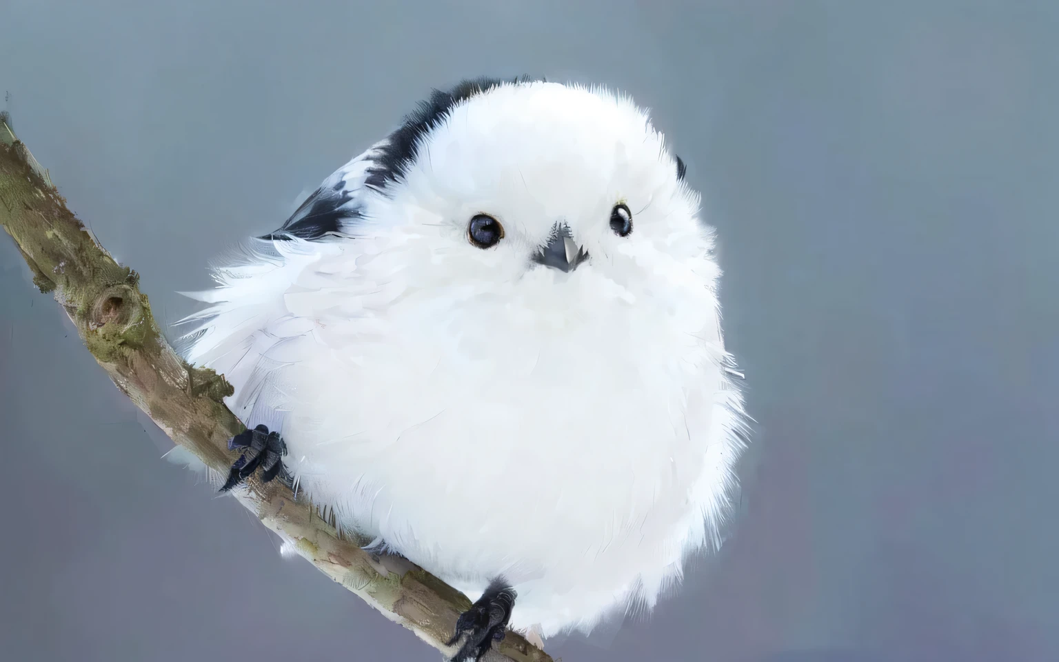 A northern long-tailed tit,Round body shape,White feathers,Small fluffy hair,Black bright eyes,Black short beak,Perched on tree branches,Tilting his head and looking into the distance