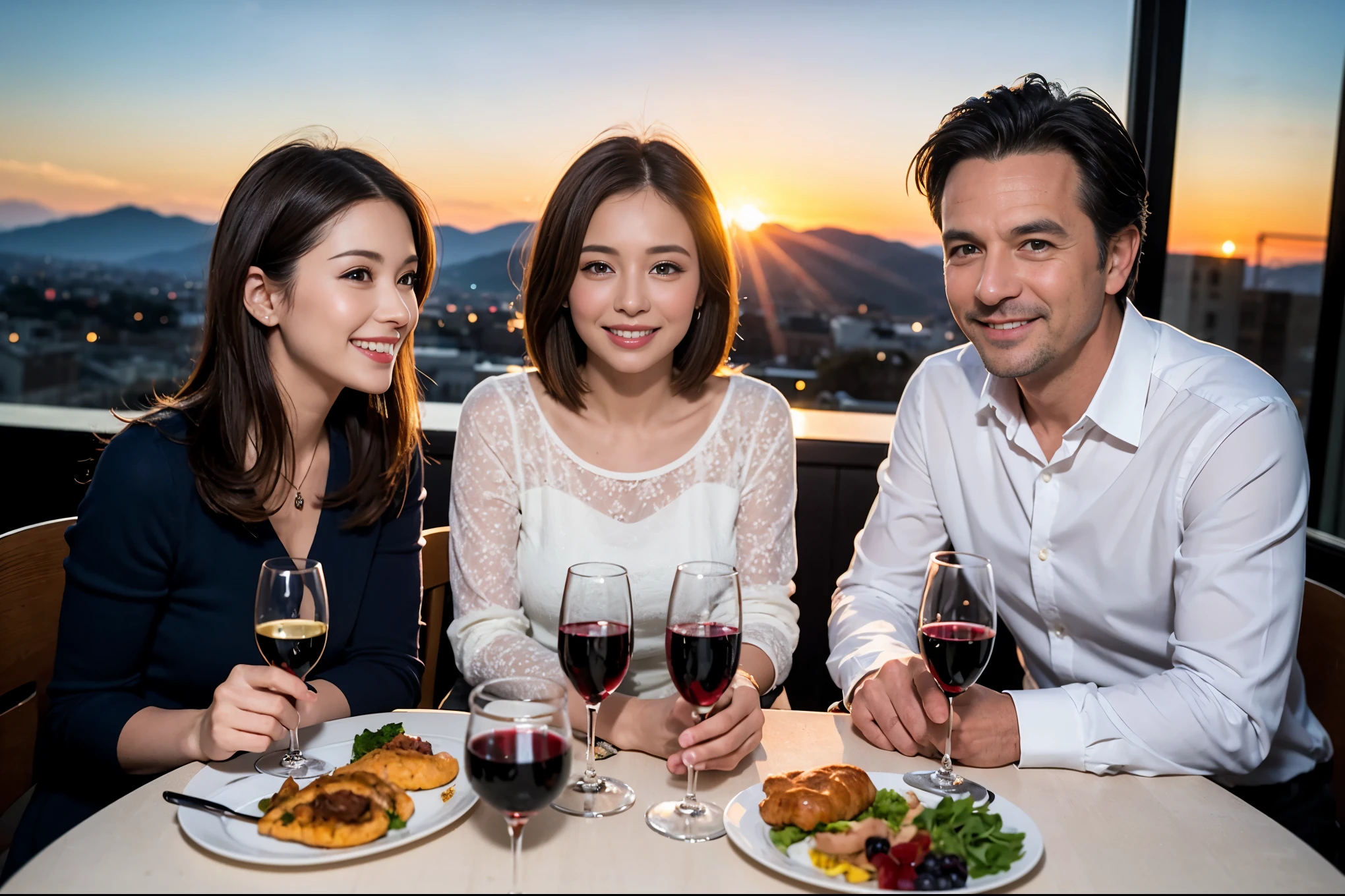((highest quality、8k、masterpiece:1.3))、1 male 1 female、Lovers、beautiful couple、Happy Smile、 (Slim face), (The body is スリム), (Brown Hair), (Shortcuts), ((Bob Hale、Straight hair:1.2)), テーブルの上のwine glass、Please put light on my face、 Amazing view of the sunset sky and clouds、Amazing mountain views、The wonderfulness of smiles、Bright image、Blushing, Shortcuts,Bright Face、 (42 years old), 39 years old, red wine 、Appetizers、Italian food、Wine bottle、Champagne、sparkling wine、Long sleeve shirt、dress、Attractive beauty、restaurant, Nova Frog Style, actress, model, Upper Body, White wine, red wine, wine glass, 