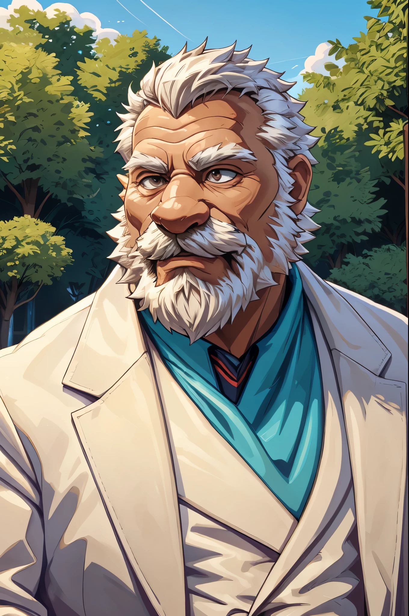 (vector:2.0, mwvector), a (portrait) of muscular old man in park, beard, happy, summer, suits, detailed vector, high detail, half body, realistic, white hair