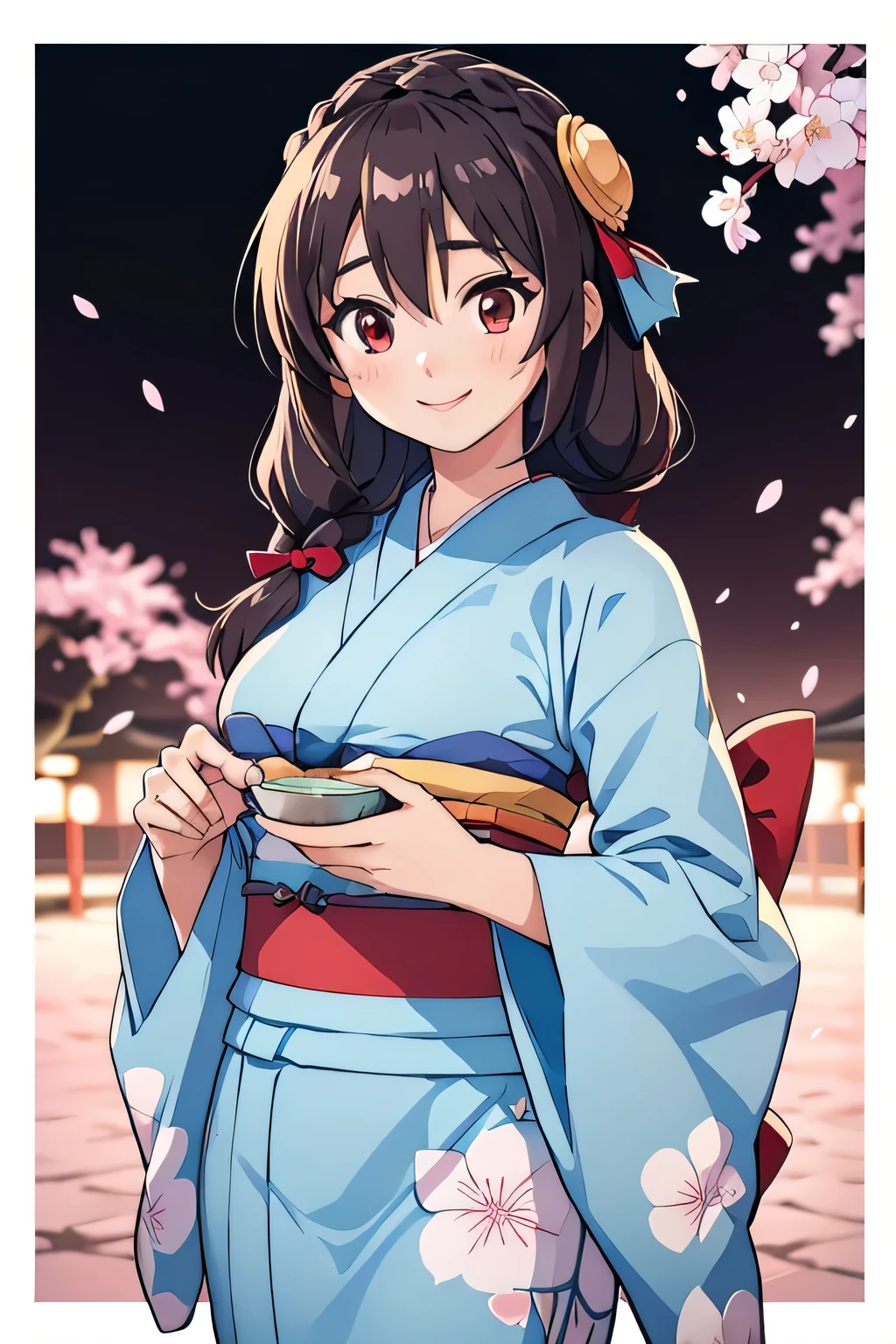 (masterpiece, highest quality), One girl, Yunyun,Long Hair,Braiding,Twin tails,Hair between the eyes,Hair Ribbon,hair ornaments,,(Japanese light blue kimono:1.2),Red Eyes、The best smile、Background is cherry blossoms