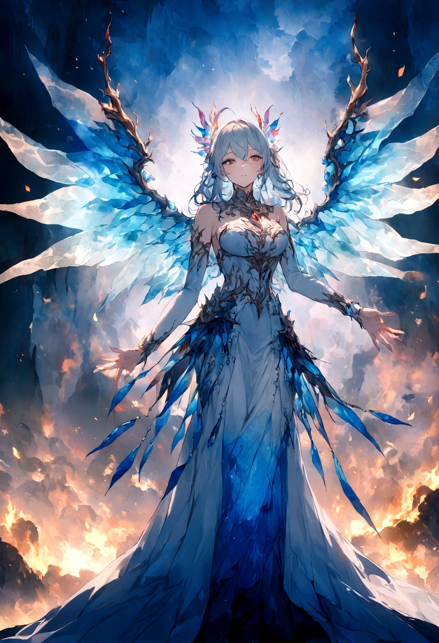 
(masterpiece，high quality，Best quality，Official Art，Beautiful aesthetics:1.2)，Phoenix of Ice and Fire，(Ice Elemental Wings:1.5),(Fire Elemental Body:1.1)，combustion，transparent，flame，(Lava)，flame头部，flame身体，Ice wings，smoke，cloud，nothingness，Long trailing，Looming in the night sky，Fire and ice，Spread your wings，soar，The magical night sky is colorful