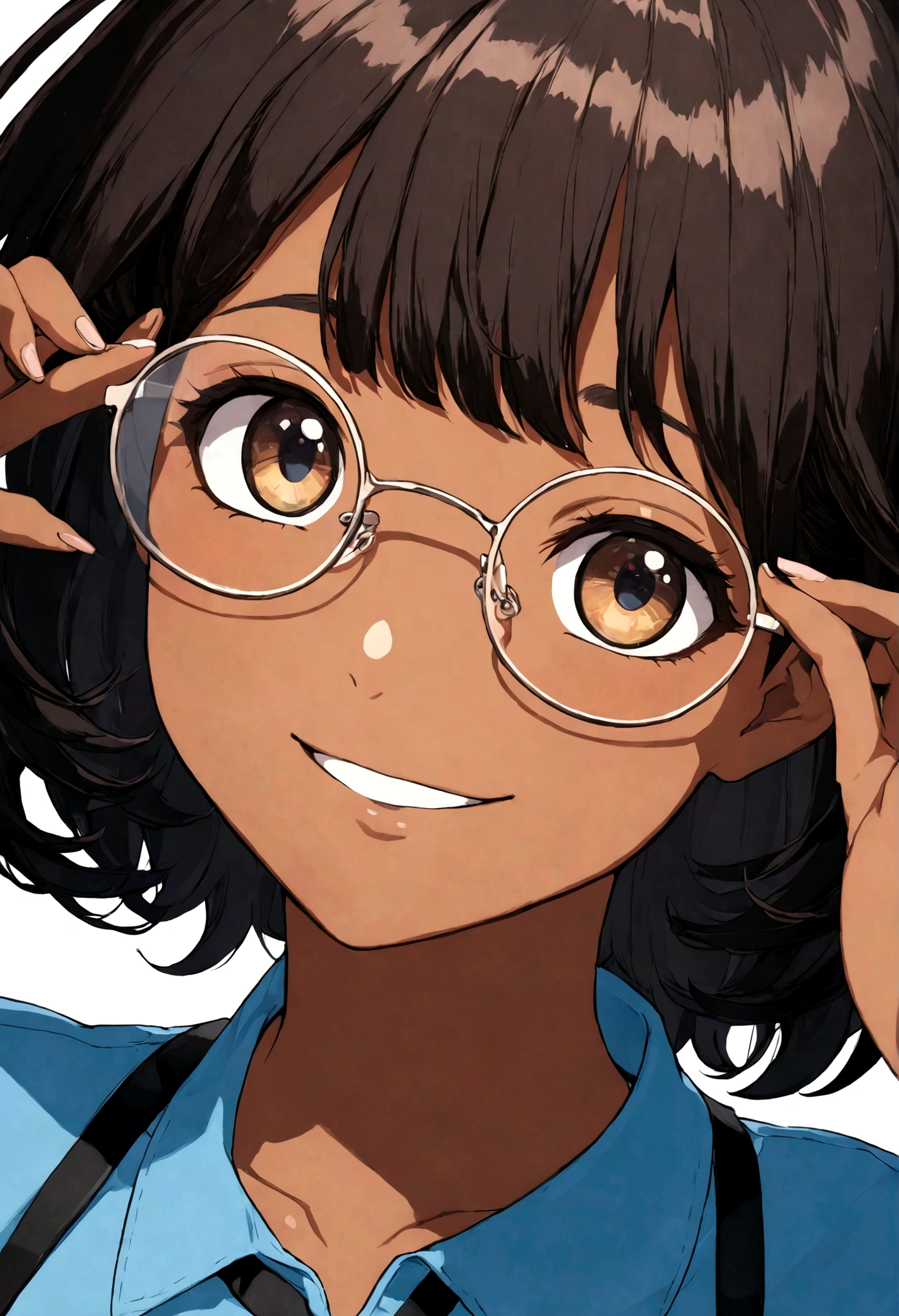 1 Girl, Round glasses, Big glasses, Smile, Looking at the camera, Messy short hair, Dark skin, Round eyes, Blue shirt, Black shorts, close up, Magazine Lens, Dynamic poses