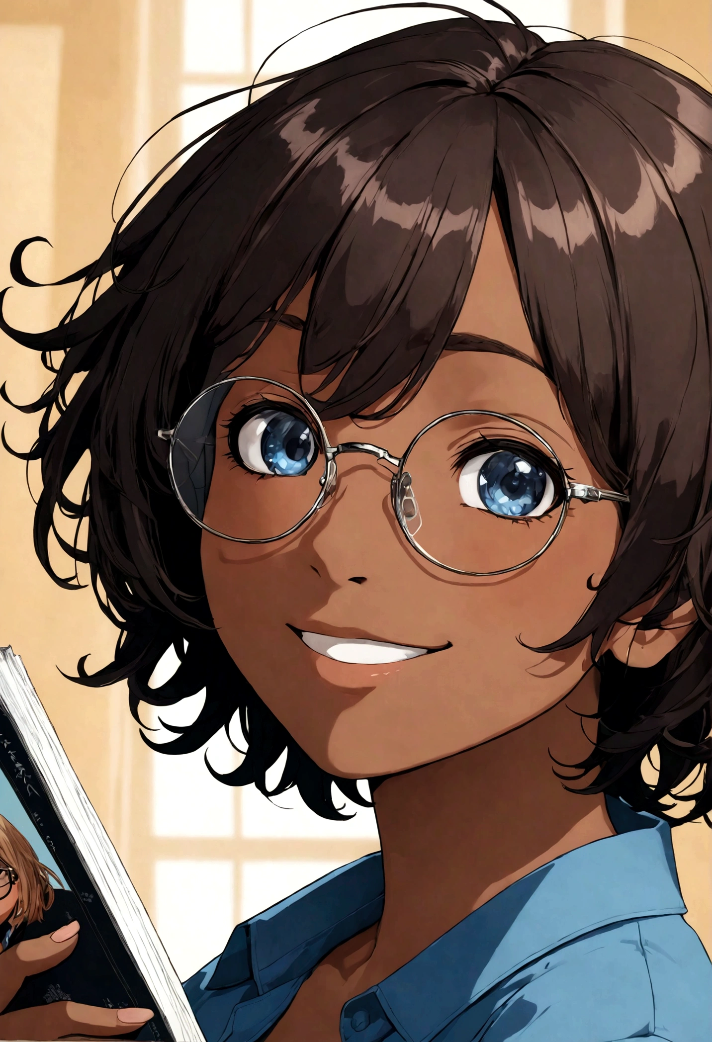 1 Girl, Round glasses, Big glasses, Smile, Looking at the camera, Messy short hair, Dark skin, Round eyes, Blue shirt, Black shorts, close up, Magazine Lens, Dynamic poses