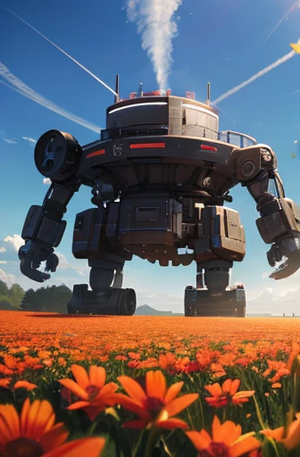Robot,Monoeye,MECA,Combat weapons,Specialized machine,Custom,Standing in a flower field,Handgun in right hand,Shield in left hand,Robot anime,cool,Three-dimensional,{{masterpiece}},{{Super detailed}},{high quality},Beautiful views,Small Church