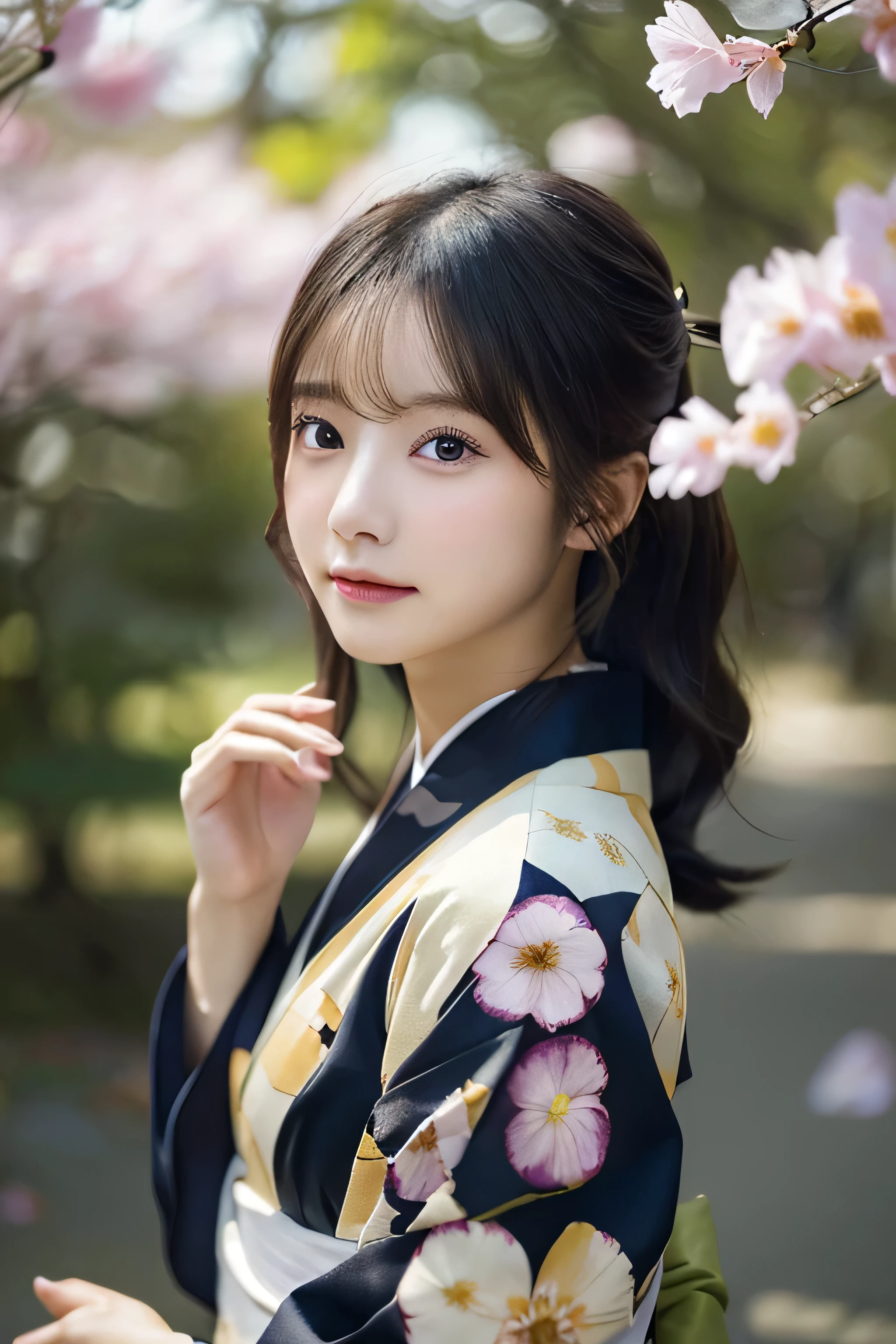 (Kimono)、Random Shots、、、randome pose、(Petals flutter:1.3)、(Wind:1.3)、(top-quality,​masterpiece:1.3,超A high resolution,),(ultra-detailliert,Caustics),(Photorealsitic:1.4,RAW shooting,)Ultra-realistic capture,A highly detailed,high-definition16Kfor human skin、 Skin texture is natural、、The skin looks healthy with an even tone、 Use natural light and color,One Woman,japanes,,kawaii,A dark-haired,Middle hair,(depth of fields、chromatic abberation、、Wide range of lighting、Natural Shading、)、