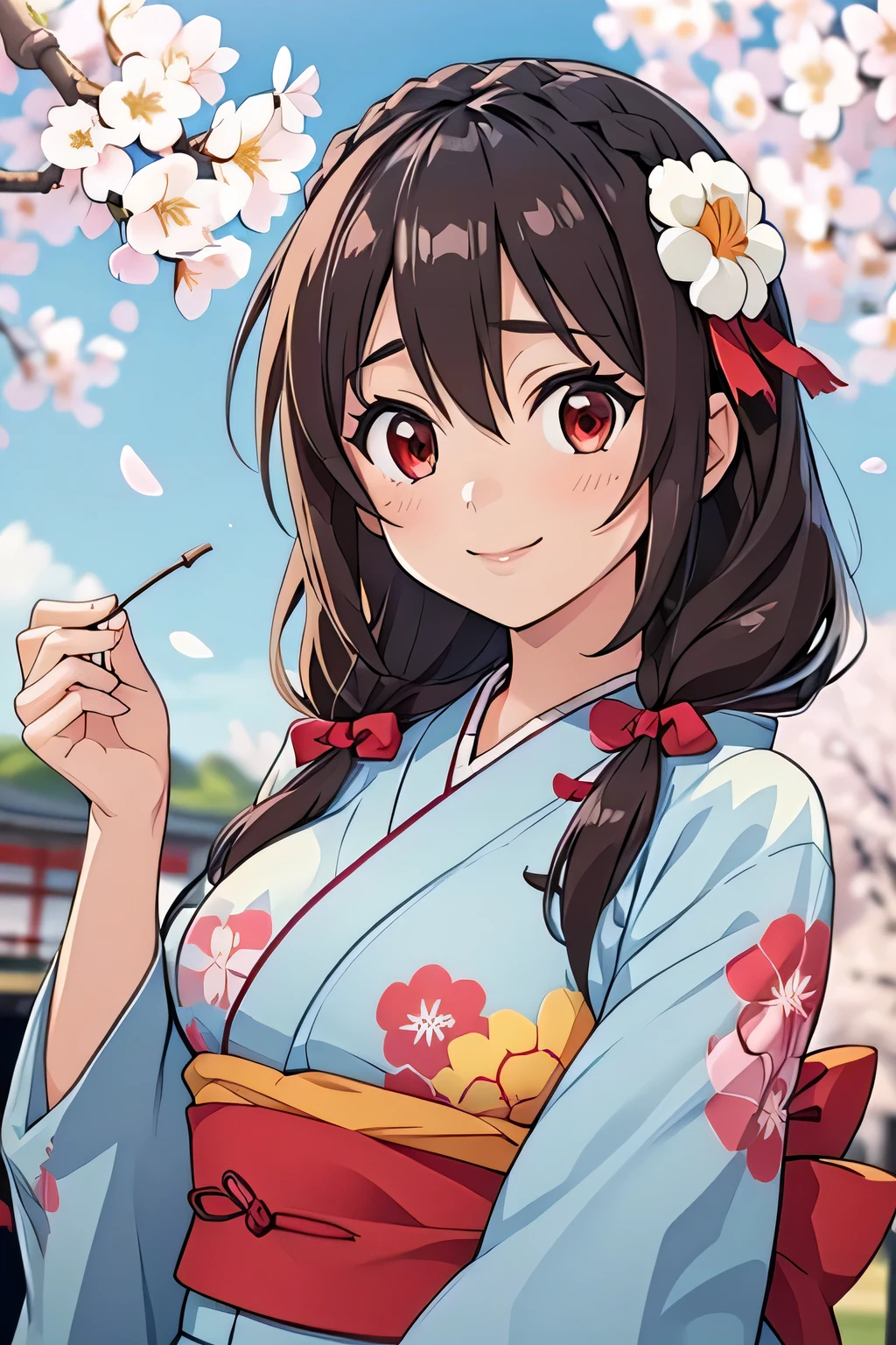 (masterpiece, highest quality), One girl, Yunyun,Long Hair,Braiding,Twin tails,Hair between the eyes,Hair Ribbon,hair ornaments,Big Breasts,(Japanese light blue kimono:1.2),Red Eyes、The best smile、Background is cherry blossoms
