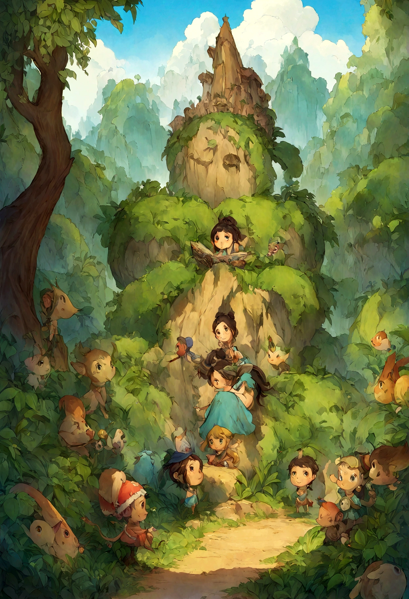 cartoon pinoccio standing in the middle of a jungle, illustration de livro infantils, illustration de livro infantils, illustration de livro infantils, pinoccio, illustration para crianças, explorador feminino mini  bonito, illustration de livro , illustration for book , Arte em Artstation, illustration de estilo cartoon, illustration de livro , illustration oficial do personagem, arte conceitual do menino solteiro, illustration , 