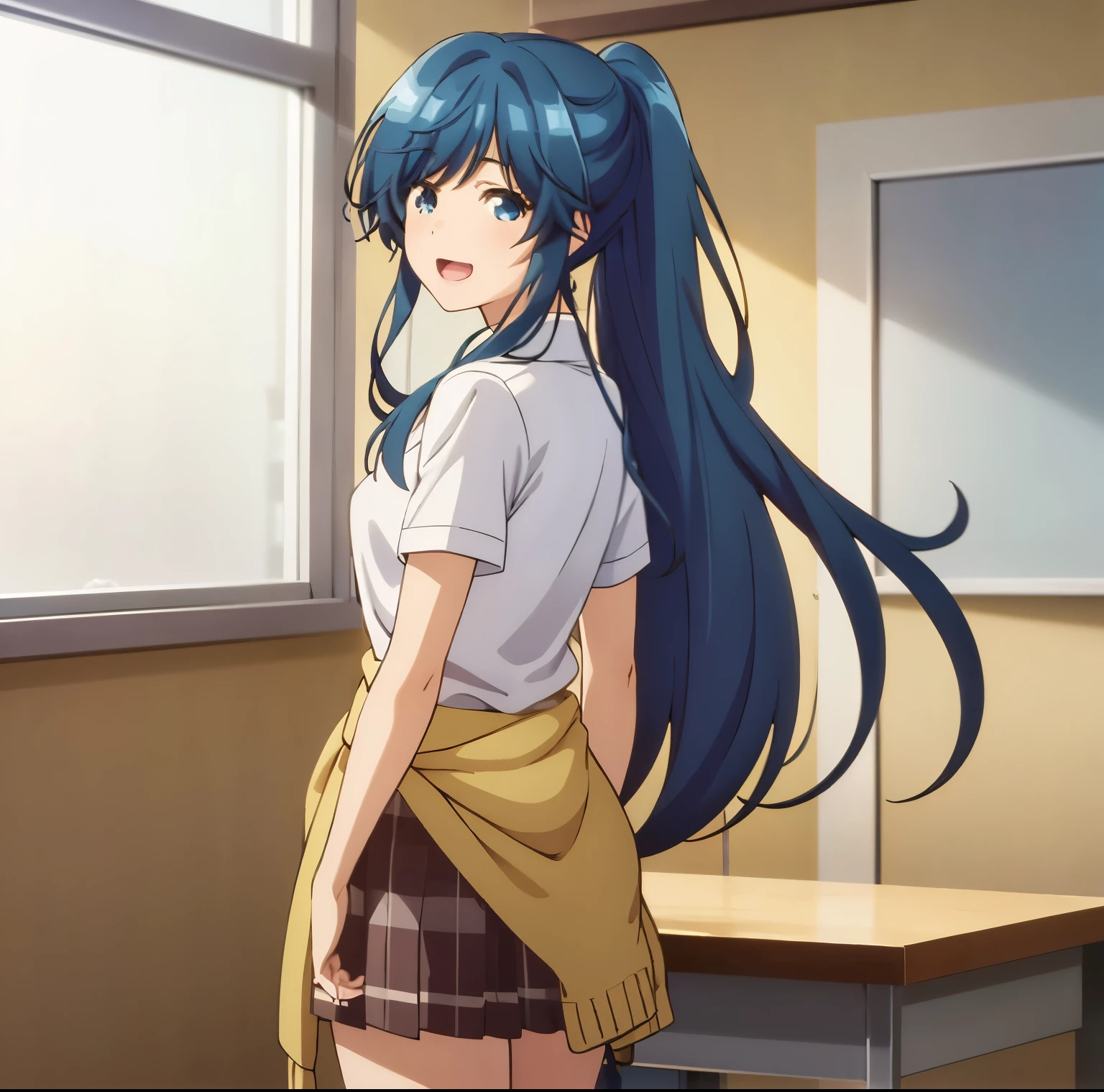 1 girl,alone,minami,nanami,best quality,(masterpiece:1.2),detailed,open mouth,smile,blue hair,blue eyes,long hair,ponytail,white shirt,short sleeves,neckline,pleated skirt, short skirt, light yellow sweater around waist, standing, pointing at viewer, looking at viewer, looking back, from behind, pov(from below), indoor, classroom, sunset, medium breasts, medium waist, wide hips, medium thighs, round butt, perfect anatomy, perfect hands