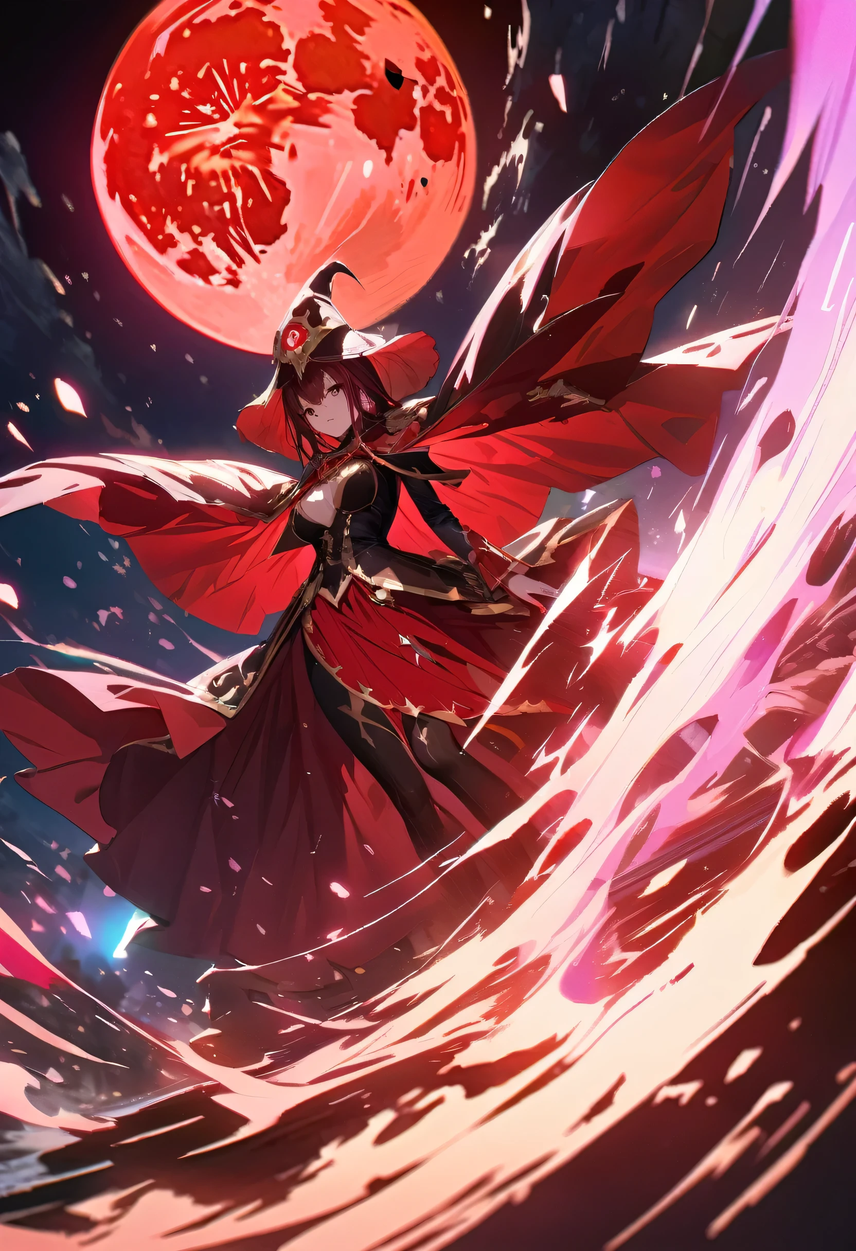 Red Necromancer, Blood Moon, Ray Tracing, masterpiece, highest quality, super high quality, Absurd detailed, best Light, Best Shadow, sharp, sharp image, detailed, extremely detailed, Amazing resolution, 8k, 4K, Ultra-high resolution, Particle Effects, Beautiful Effects, Vibrant colors, neon Light, neon, Light,