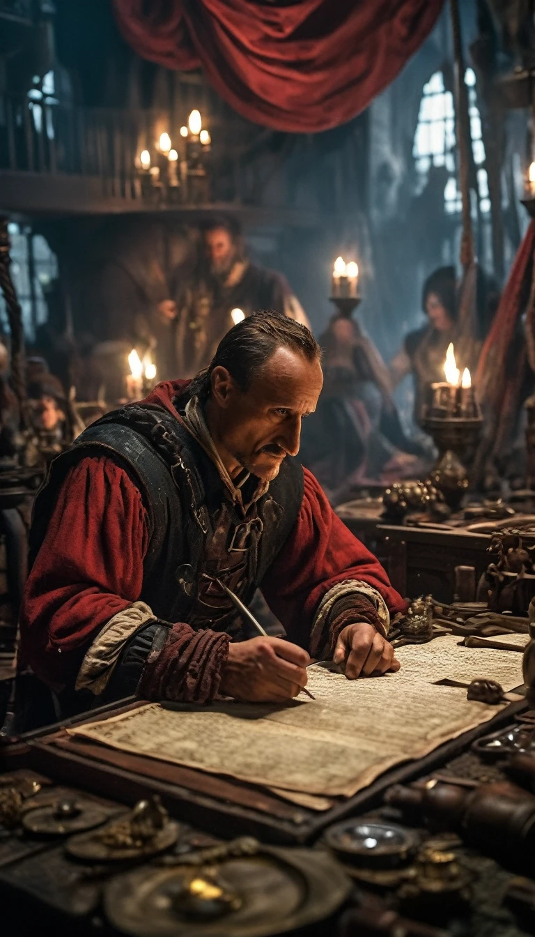 Cinematic style, Julius Caesar writing poetry on a pirate ship, background dark, hyper realistic, ultra detailed hyper realistic, photorealistic, Studio Lighting, reflections, dynamic pose, Cinematic, Color Grading, Photography, Shot on 50mm lens, Ultra-Wide Angle, Depth of Field, hyper-detailed, beautifully color, 8k