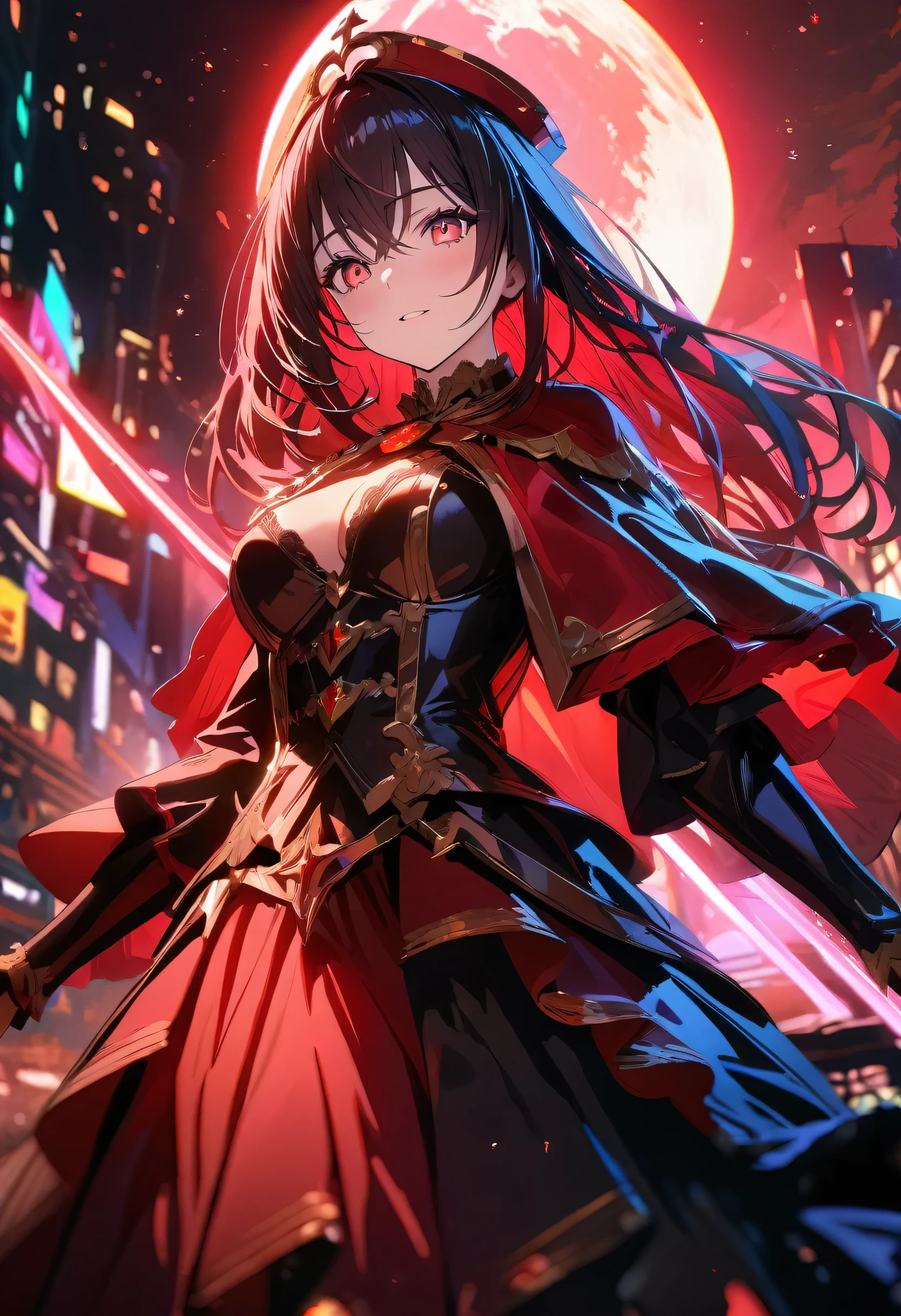 Red Necromancer, Blood Moon, Ray Tracing, masterpiece, highest quality, super high quality, Absurd detailed, best Light, Best Shadow, sharp, sharp image, detailed, extremely detailed, Amazing resolution, 8k, 4K, Ultra-high resolution, Particle Effects, Beautiful Effects, Vibrant colors, neon Light, neon, Light,
