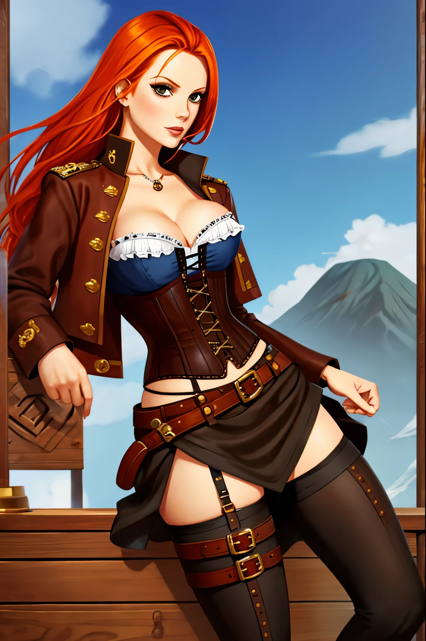 ginger hair, pirate, corset, long leg slit, skirt