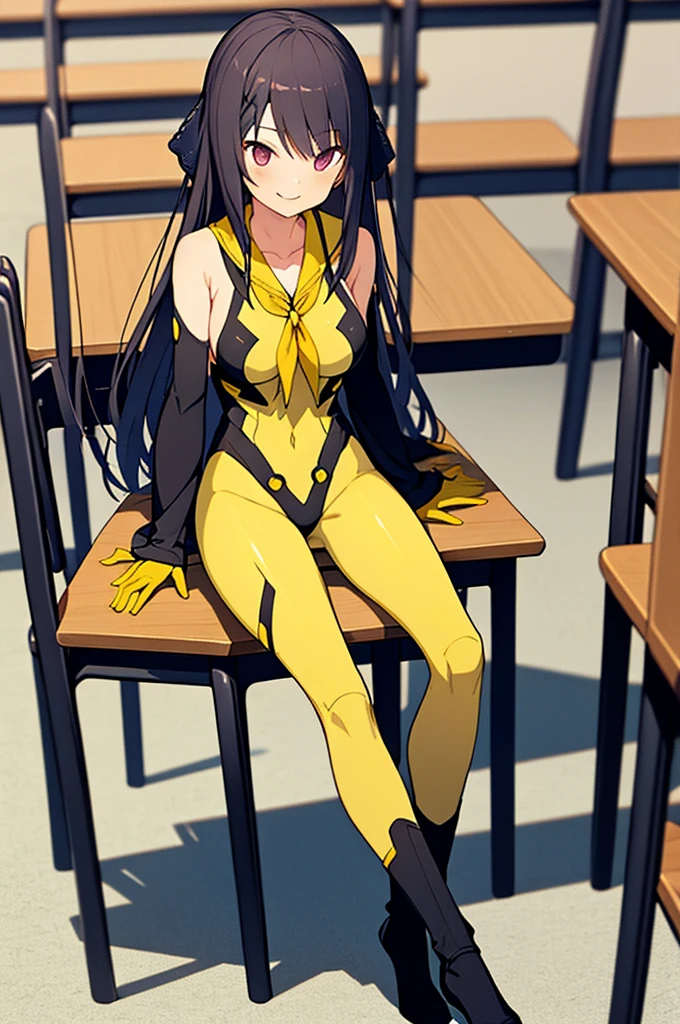 (full body),masterpiece, highest quality, High resolution, 体に張り付く全身Bodysuits，misakiao, One Girl, alone, Hair Ribbon, Bodysuits, gloves, Removable sleeves, Wide sleeves, One Girl, alone, Cowboy Shot,Sitting in a chair, classroom,  Place your hands on the table,sit，smile, Place your elbows on the desk，