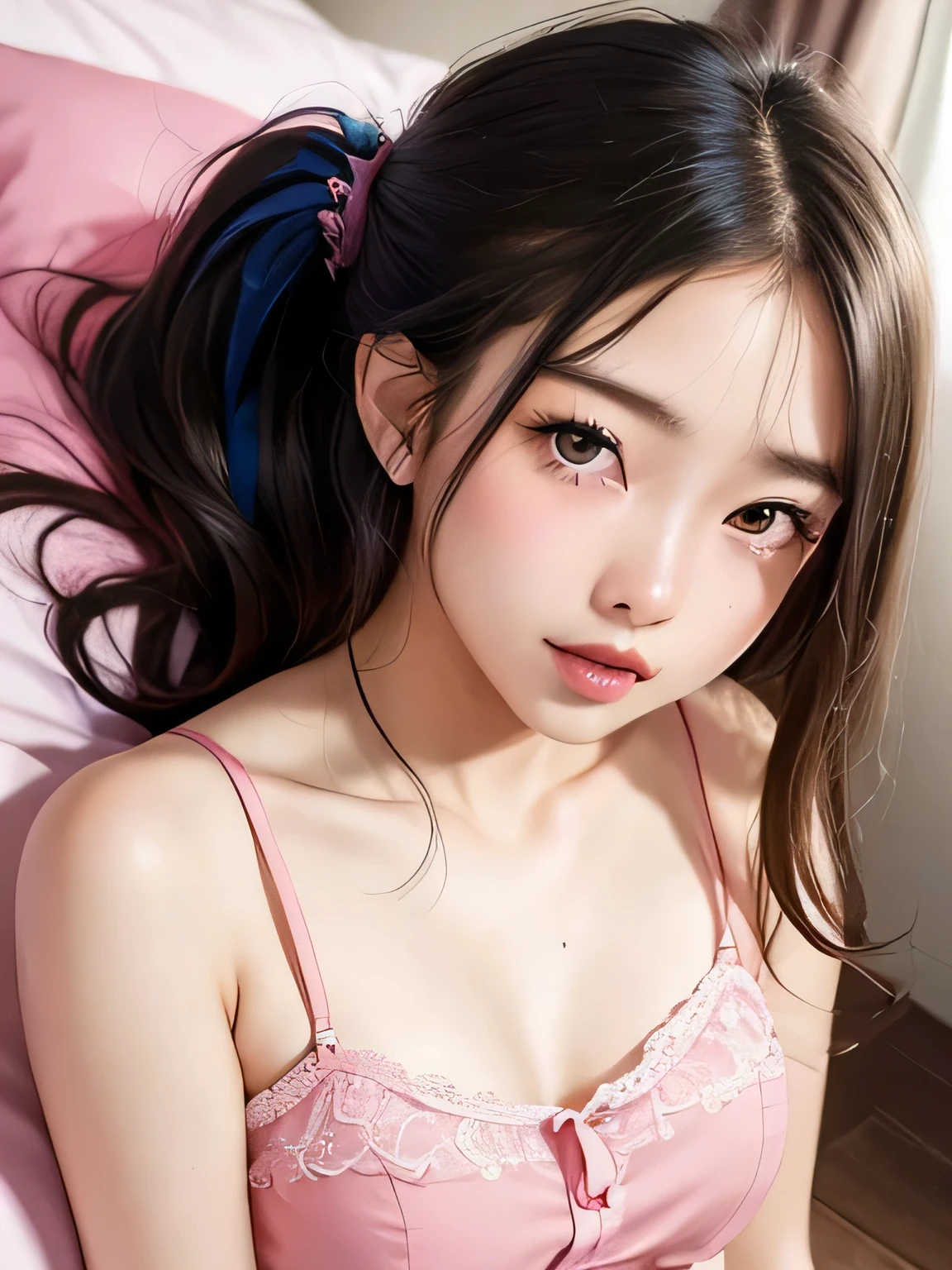 ((highest quality)), ((masterpiece)), (detailed),Vivid、Photorealistic、On the pink bed、cute、beautiful girl、Japanese、16 years old、Long Hair、Hair tied in a ponytail、underwear、camisole、Navy blue pleated skirt、Lying on your back、Climax