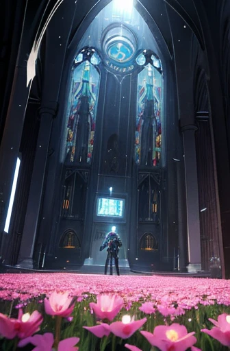 Robot,Monoeye,MECA,Combat weapons,Specialized machine,Custom,Standing in a flower field,Handgun in right hand,Shield in left hand,Robot anime,cool,Three-dimensional,{{masterpiece}},{{Super detailed}},{high quality},Beautiful views,rain,Church behind the robot
