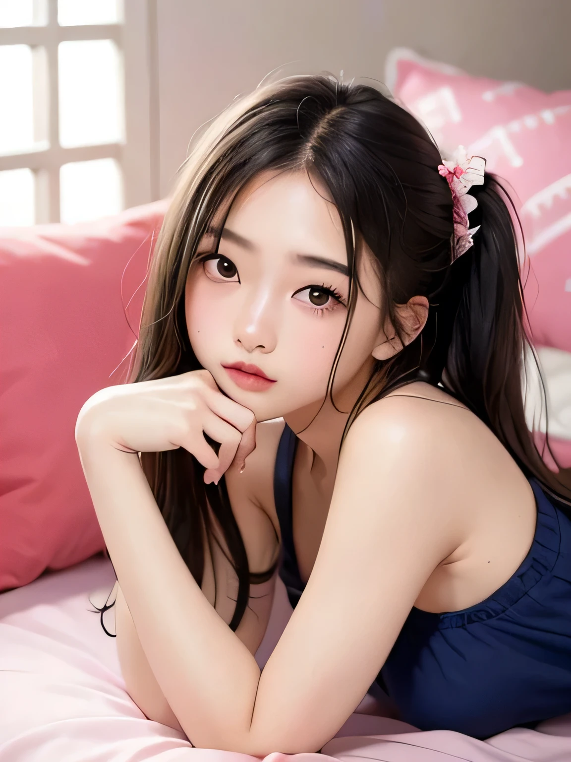 ((highest quality)), ((masterpiece)), (detailed),Vivid、Photorealistic、On the pink bed、cute、beautiful girl、Japanese、16 years old、Long Hair、Hair tied in a ponytail、underwear、camisole、Navy blue pleated skirt、Lying on your back、Climax