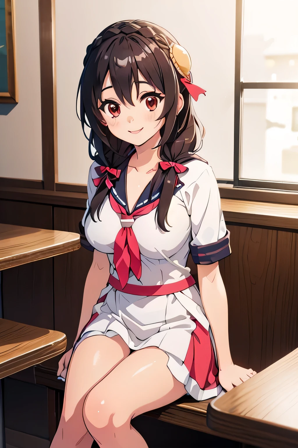 (masterpiece, highest quality), One girl, Yunyun,Long Hair,Braiding,Twin tails,Hair between the eyes,Hair Ribbon,hair ornaments,Slightly larger breasts,(Japanese Sailor Suit:1.2),tie,Short sleeve,Pink Skirt、Red Eyes、The best smile、Cafe、Sitting in a chair in front of a table