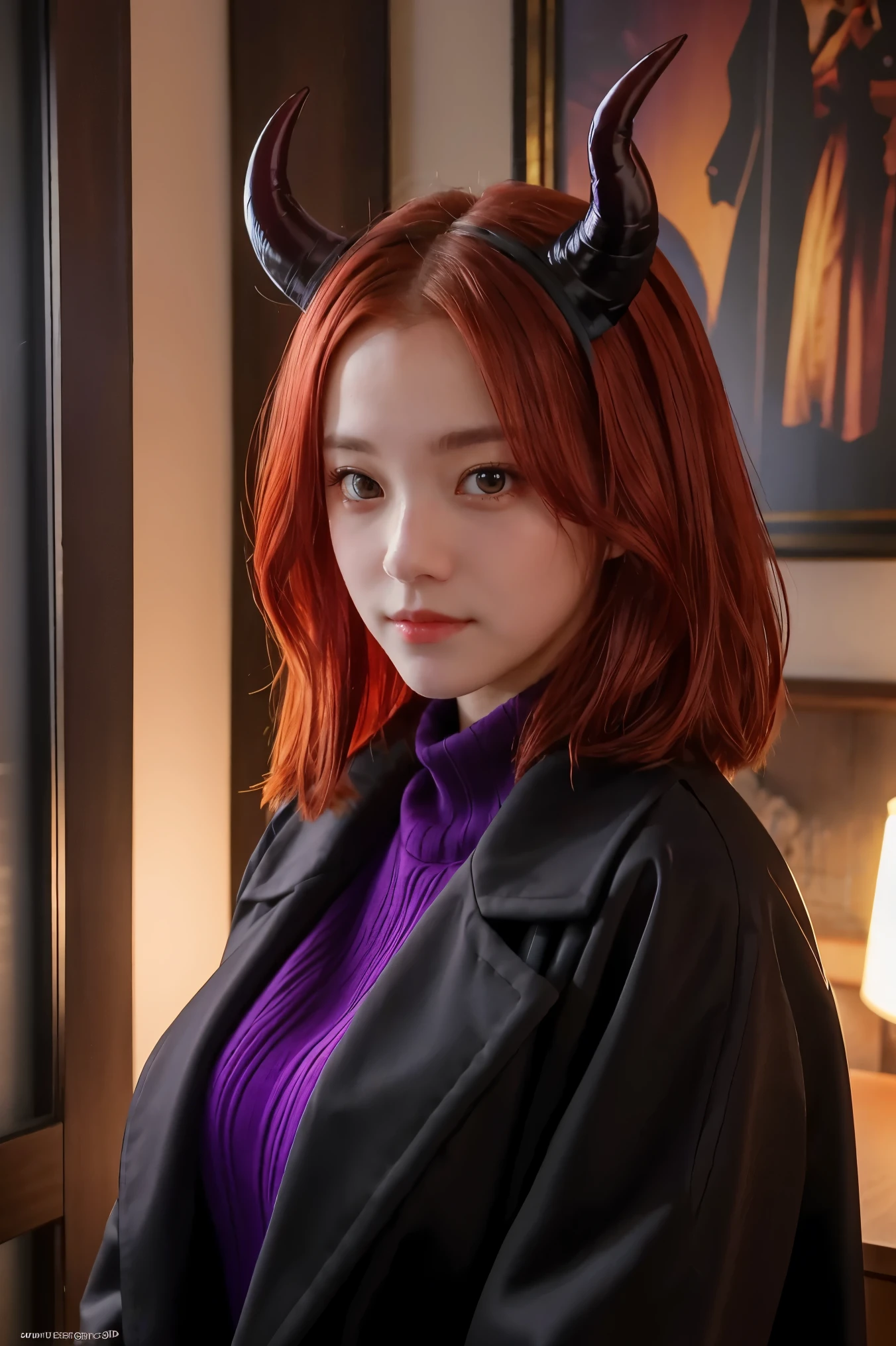 4k, 8k, masterpiece, best quality, upper body, 1girl, looking at viewer, red hair, medium hair, purple eyes, demon horns, black coat, indoors, dimly lit, the age of the actress is 23 years old, open bust