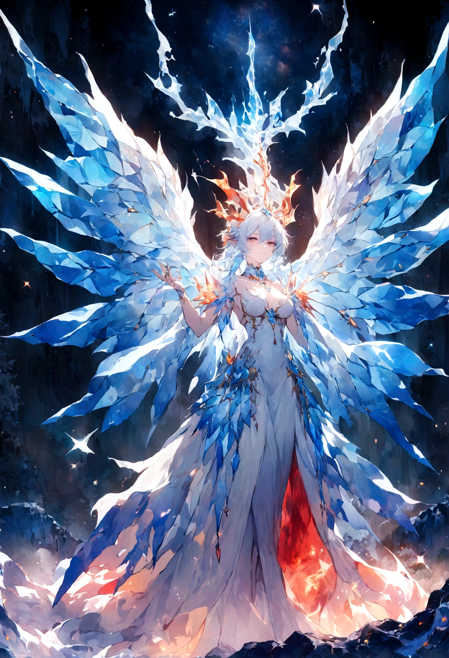 (masterpiece,high quality,Best quality,Official Art,Beautiful aesthetics:1.2),Phoenix of Ice and Fire,(Ice Elemental Wings:1.5),(Fire Elemental Body:1.1),combustion,transparent,flame,(Lava),flame头部,flame身体,Ice wings,smoke,cloud,nothingness,Long trailing,Looming in the night sky,Fire and ice,Spread your wings,soar,The magical night sky is colorful