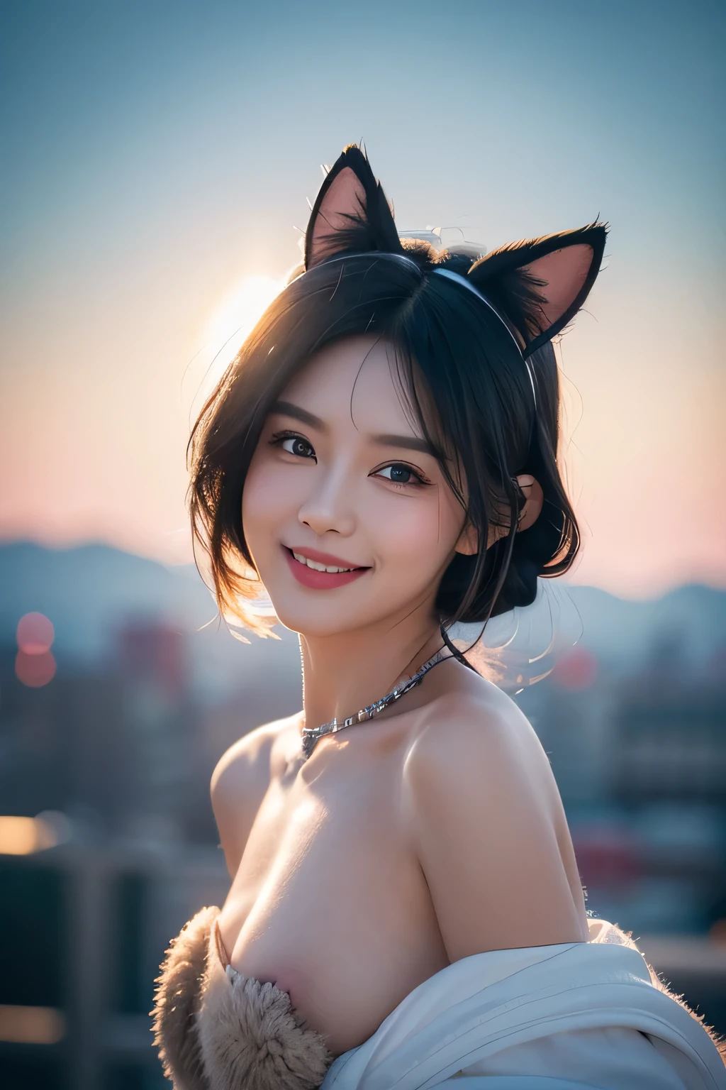 black hair, hair bobbles, wince, longeyelashes, solid circle eyes, fake animal ears, light smile, ear blush, fang, ccurate, Surrealism, drop shadow, anaglyph, stereogram, tachi-e, pov, atmospheric perspective, high detail, cinematic lighting, character chart, letterboxed, 8k, super detail, best quality, 8k, 8k, super detail, super detail, super detail, highres, award winning