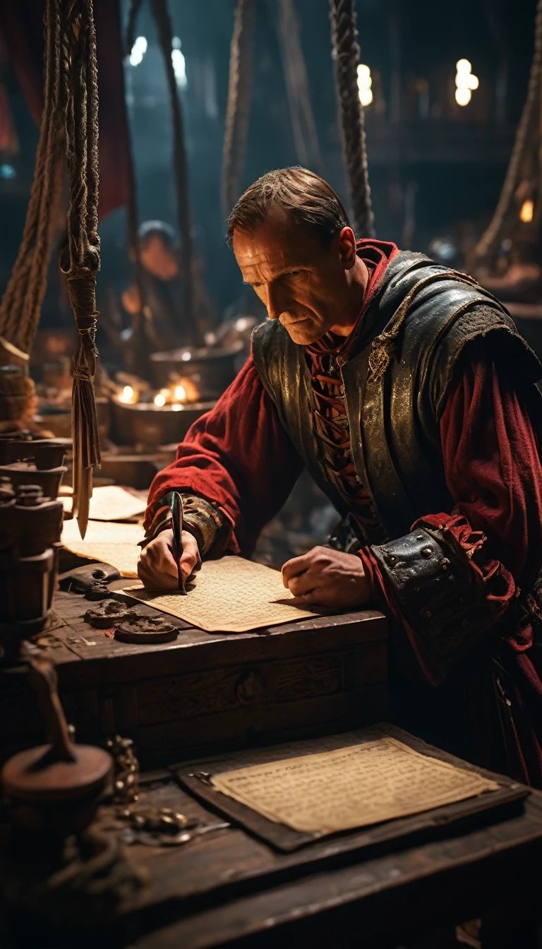 Cinematic style, Julius Caesar writing poetry on a pirate ship, background dark, hyper realistic, ultra detailed hyper realistic, photorealistic, Studio Lighting, reflections, dynamic pose, Cinematic, Color Grading, Photography, Shot on 50mm lens, Ultra-Wide Angle, Depth of Field, hyper-detailed, beautifully color, 8k