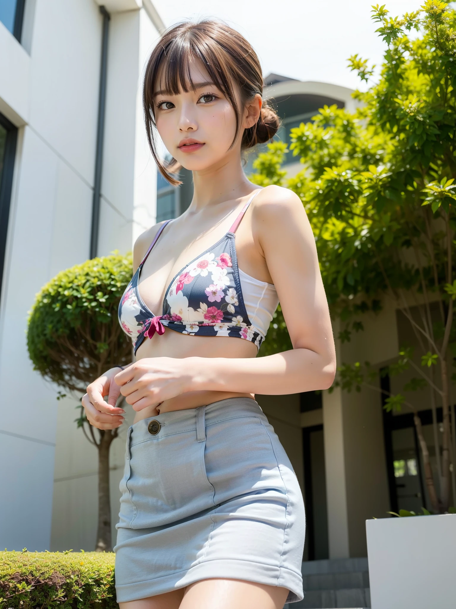 ((Best of the highest quality, 8k, Masterpiece, raw photo: 1.2)), Sharp focus: 1.2, (1 AESPA, slim body type female, 21 y/o: 1.1), (Solo: 1.28), (realistic, photo-realistic:1.37), face focus, cute face, finely eyes, (small breasts, flat chest, Thigh: 1.3), (short hair, bangs, updo: 1.28), (bra top, skirt, from below: 1.32), (ribbon:1.2), walking terrace office, sun light, flower,