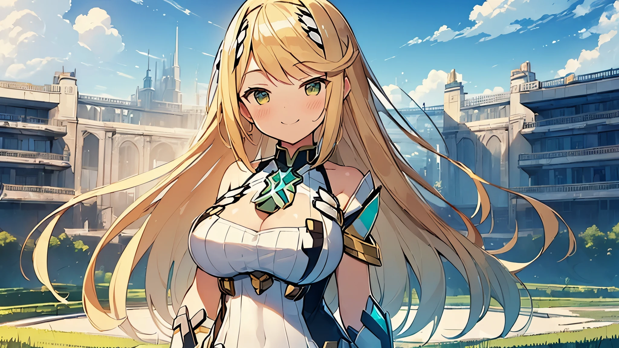 (Masterpiece, Top quality: 1.5), (Mythra:1.2), big breasts, (cleavage), standard weight, Blonde Hair, medium hair, 1 beautiful girl, solo, 15 year old ,(smile:1.2), blush:1.4, beautiful scene of outdoor, magnificent panorama view, dynamic pose