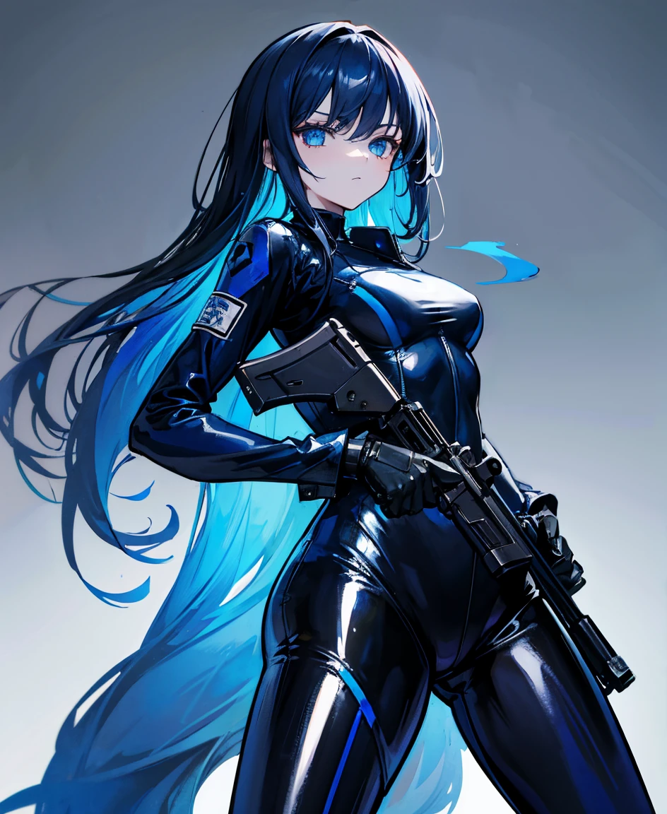 There is no background,girl,Carry a firearm,Patent leather tight suit,Use of firearms,Navy blue long hair,attention arousal,Blue colored eyes,No gradients