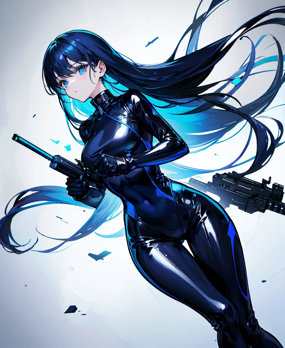 There is no background,girl,Carry a firearm,Patent leather tight suit,Use of firearms,Navy blue long hair,attention arousal,Blue colored eyes,No gradients