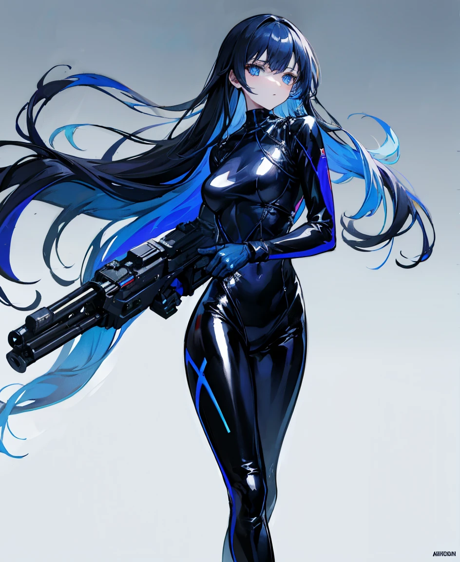 There is no background,girl,Carry a firearm,Patent leather tight suit,Use of firearms,Navy blue long hair,attention arousal,Blue colored eyes,No gradients