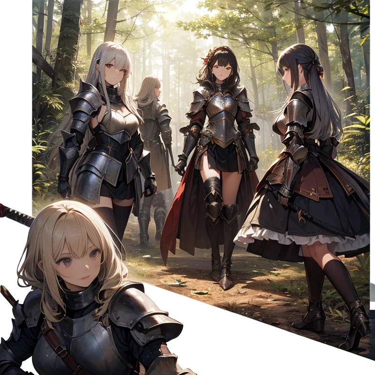 A group of female knight, (in forest), various hair styles, harem, wearing armored clothes, metal armor, night, details face, , short skirt, seducing, sword