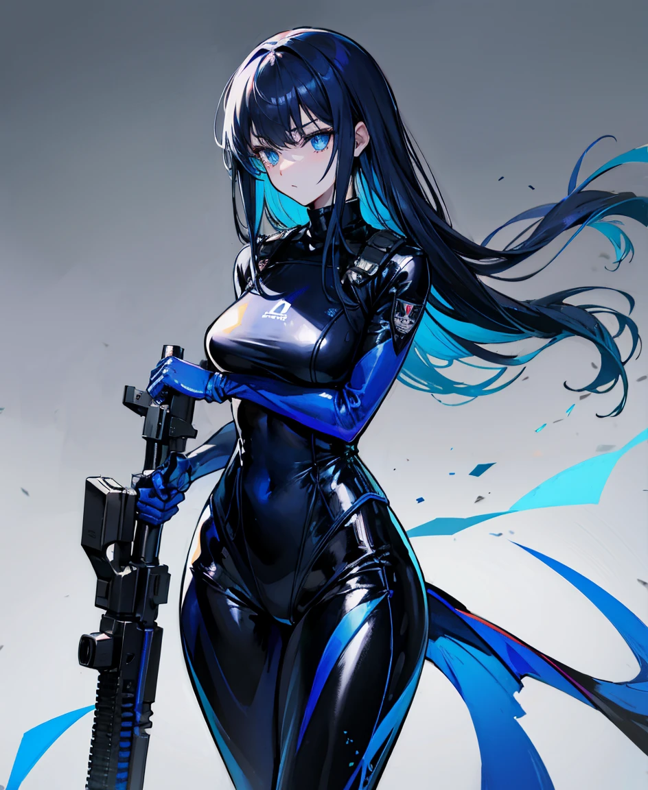 There is no background,girl,Carry a firearm,Patent leather tight suit,Use of firearms,Navy blue long hair,attention arousal,Blue colored eyes,No gradients