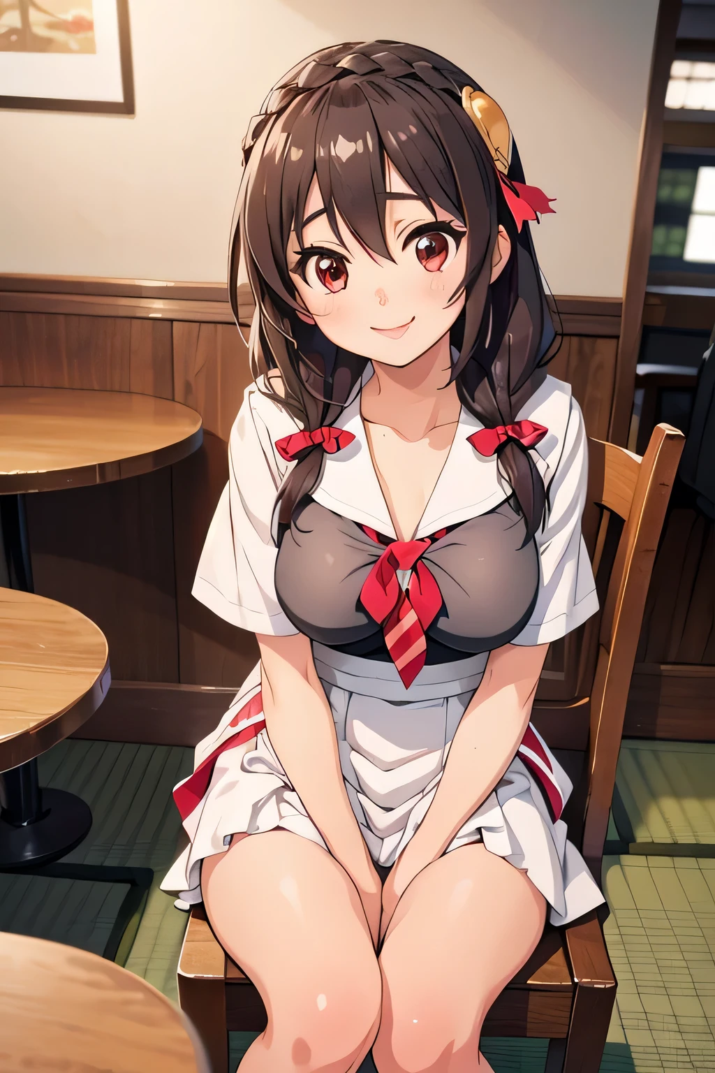 (masterpiece, highest quality), One girl, Yunyun,Long Hair,Braiding,Twin tails,Hair between the eyes,Hair Ribbon,hair ornaments,Slightly larger breasts,(Japanese Sailor Suit:1.2),tie,Short sleeve,Pink Skirt、Red Eyes、The best smile、Cafe、Sitting in a chair in front of a table