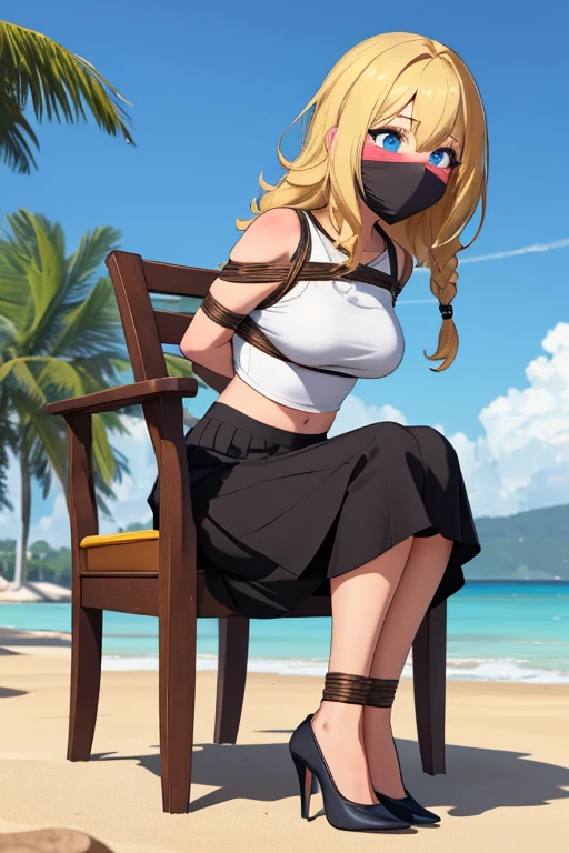 1 girl, detailed blue eyes, lange wimpern, detailed beautiful face, Side parts,a Bit curly hair, (very Long blonde hair:1.4), festgebunden, (arms behind back:1.6), gefesselte Arme, (blushing:1.3), (Big boobs:1.1), OTN, Gag, gagged, shibari over clothes, full body bondage, (black skirt, White top, black high heels:1.4), in einem Sessel sitzend, beach in the background, tied gag, nah aufnahmen