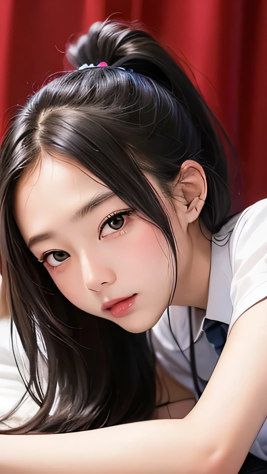 ((highest quality)), ((masterpiece)), (detailed),Vivid、Photorealistic、On the pink bed、cute、beautiful girl、Japanese、、Long Hair、Hair tied in a ponytail、White dress shirt、Navy blue pleated skirt、black tights、Lying on your back、One Man、Blowjob
