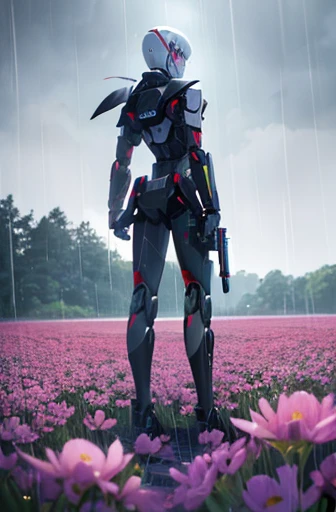 A Robot,Monoeye,MECA,Combat weapons,Specialized machine,Custom,Standing in a flower field,Handgun in right hand,Shield in left hand,Robot anime,cool,Three-dimensional,{{masterpiece}},{{Super detailed}},{high quality},Beautiful views,rain,Broken church